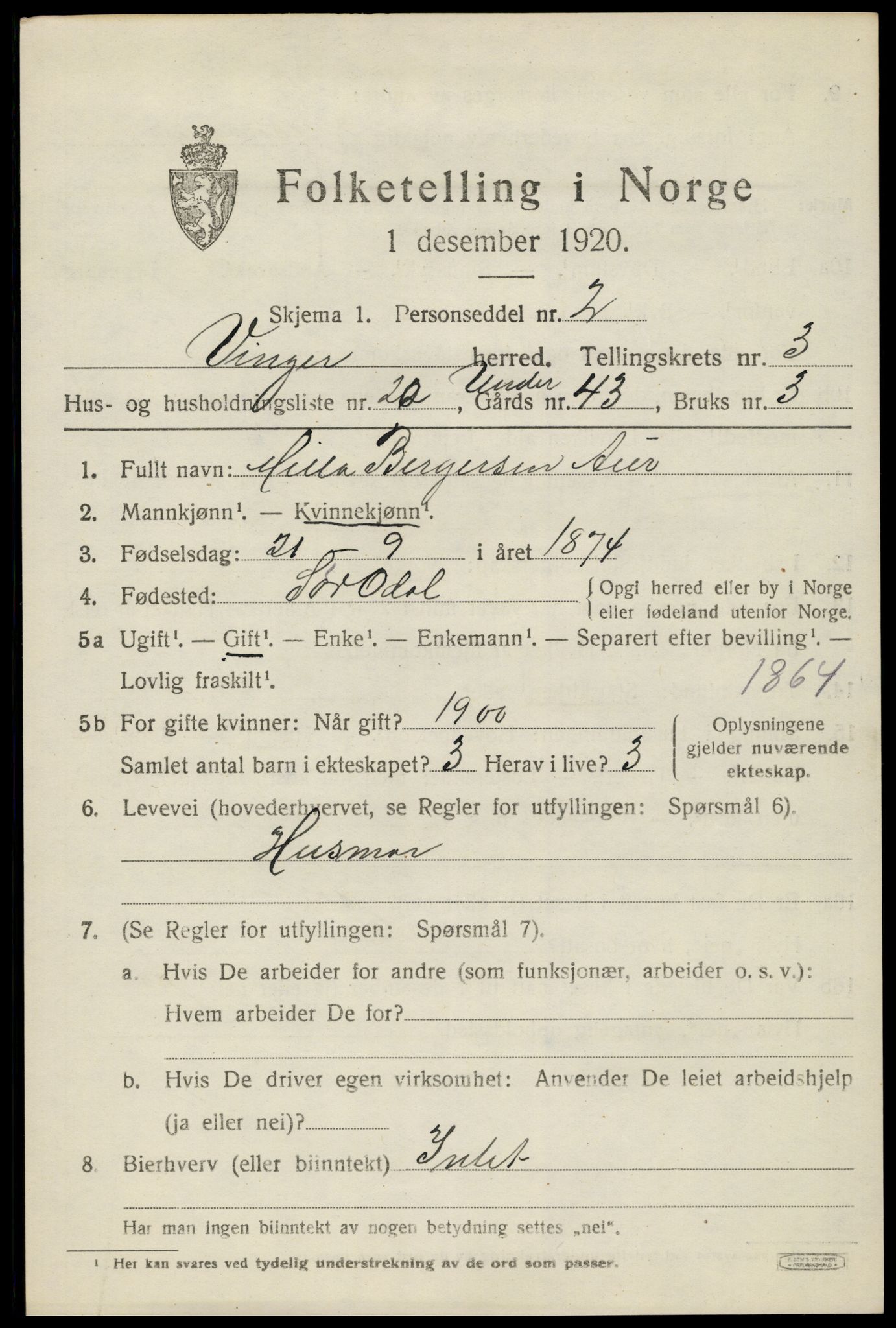 SAH, 1920 census for Vinger, 1920, p. 4800