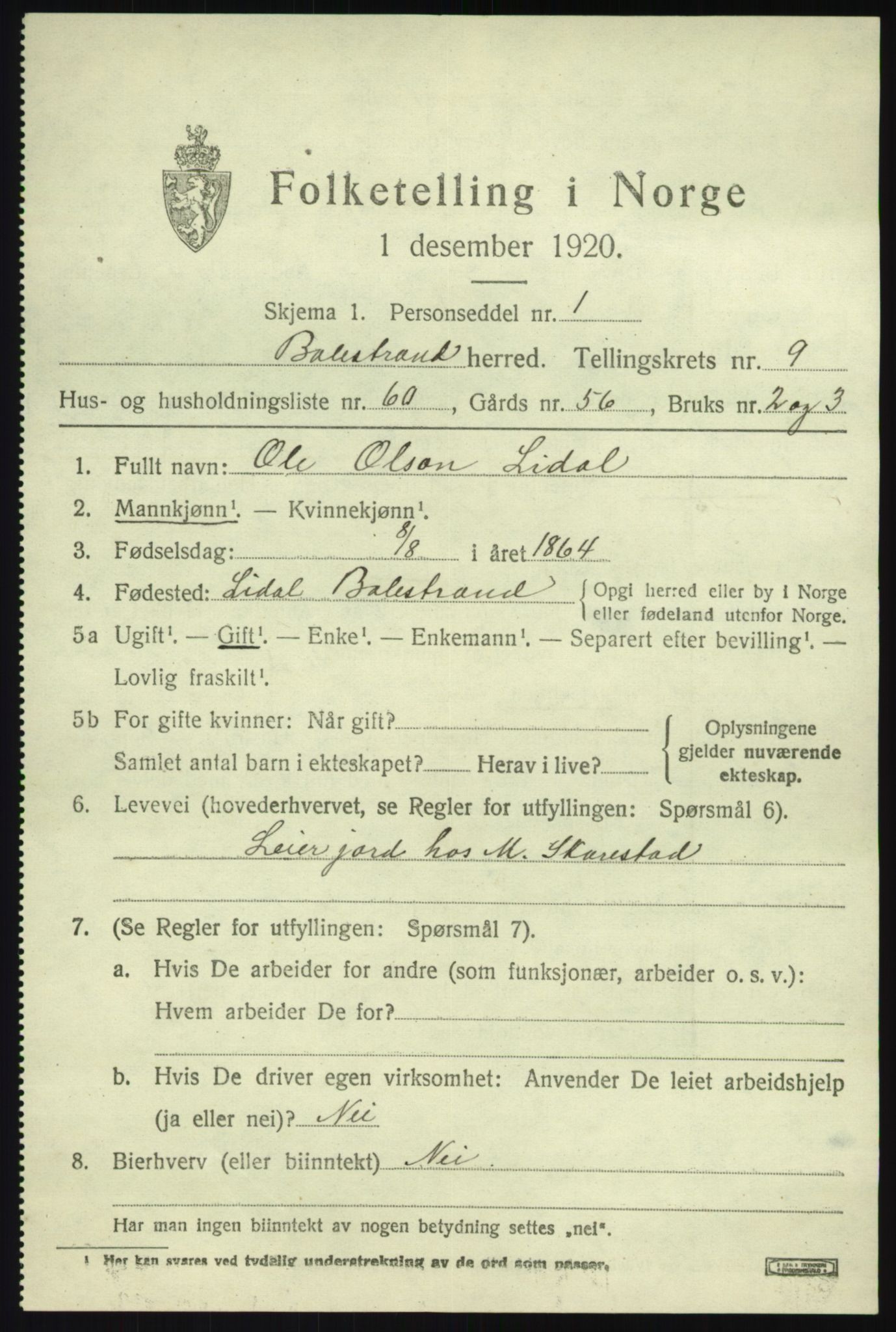 SAB, 1920 census for Balestrand, 1920, p. 4630