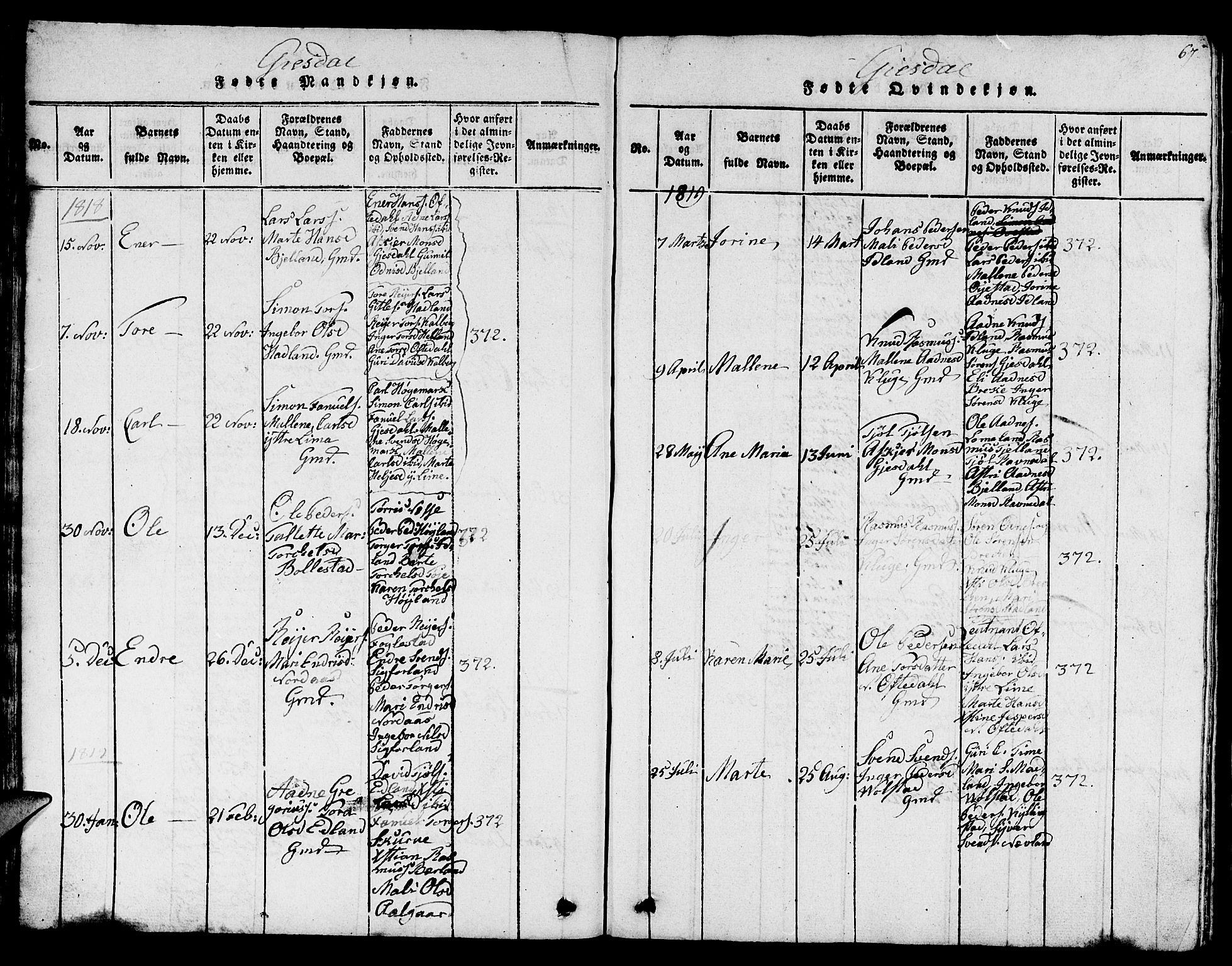 Lye sokneprestkontor, SAST/A-101794/001/30BB/L0001: Parish register (copy) no. B 1 /2, 1816-1826, p. 67