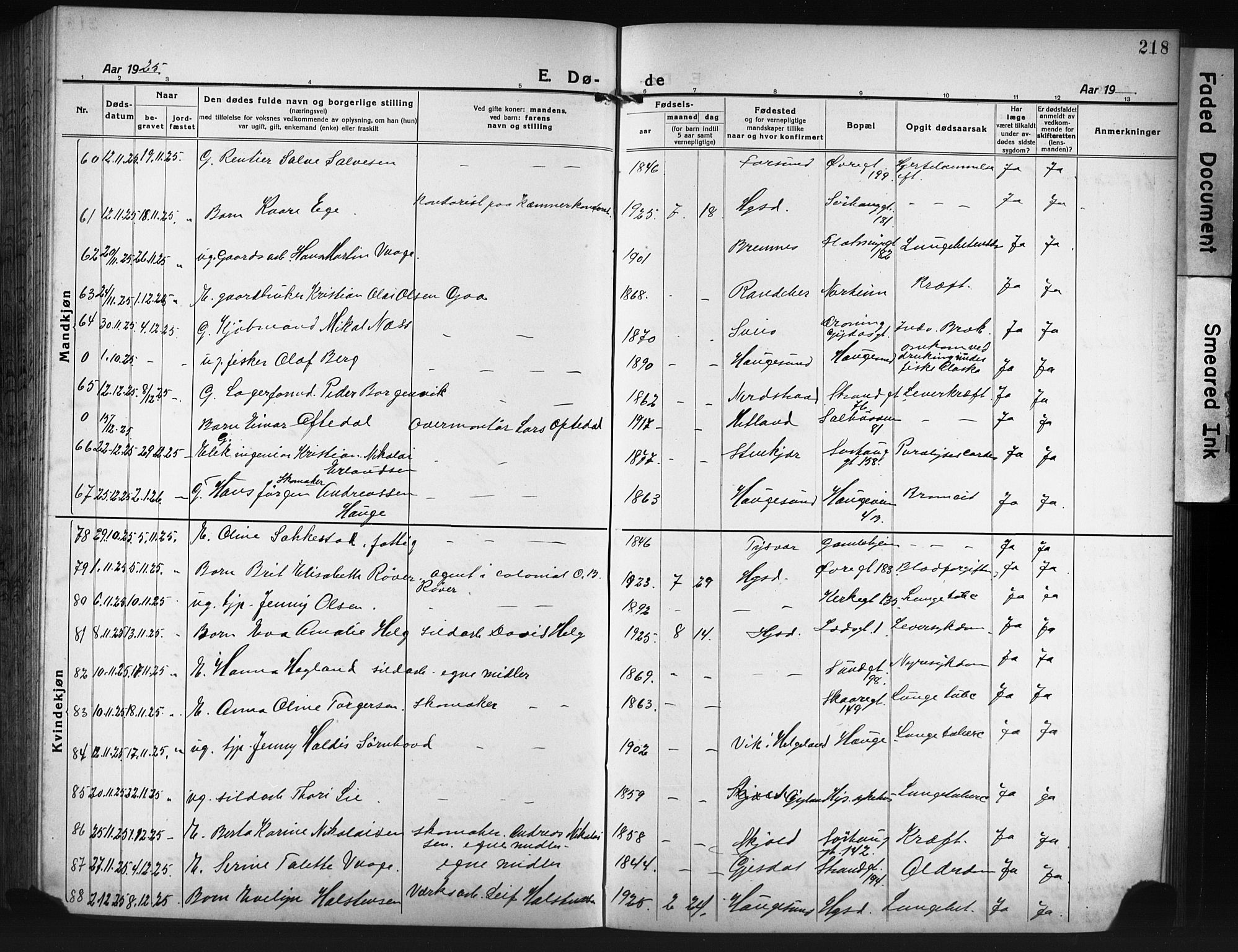 Haugesund sokneprestkontor, AV/SAST-A -101863/H/Ha/Hab/L0010: Parish register (copy) no. B 10, 1920-1931, p. 218