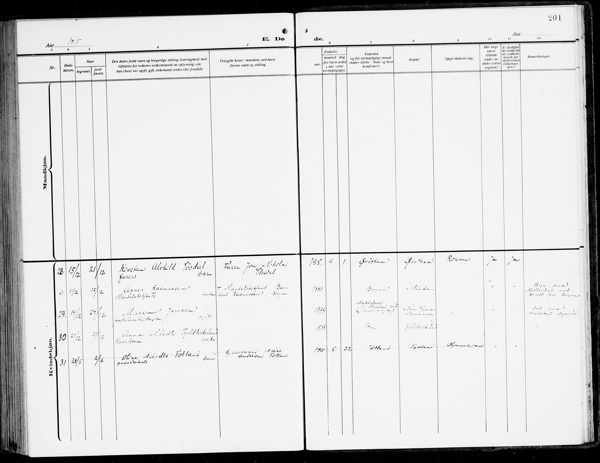 Fana Sokneprestembete, AV/SAB-A-75101/H/Haa/Haai/L0004: Parish register (official) no. I 4, 1912-1933, p. 201