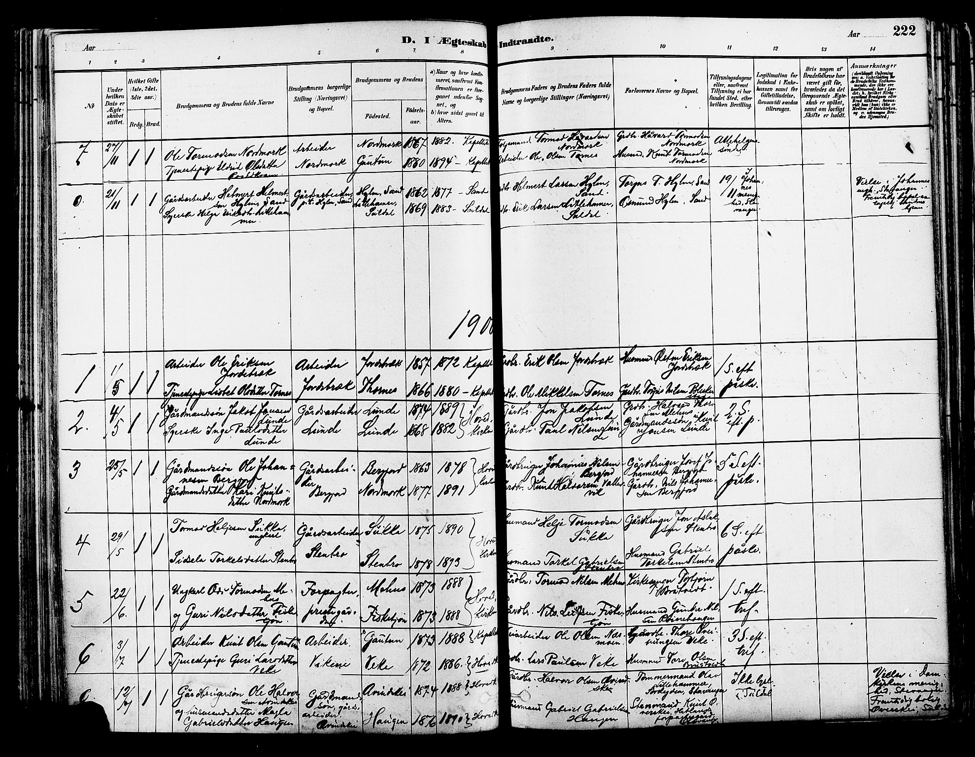 Suldal sokneprestkontor, AV/SAST-A-101845/01/IV/L0011: Parish register (official) no. A 11, 1878-1900, p. 222