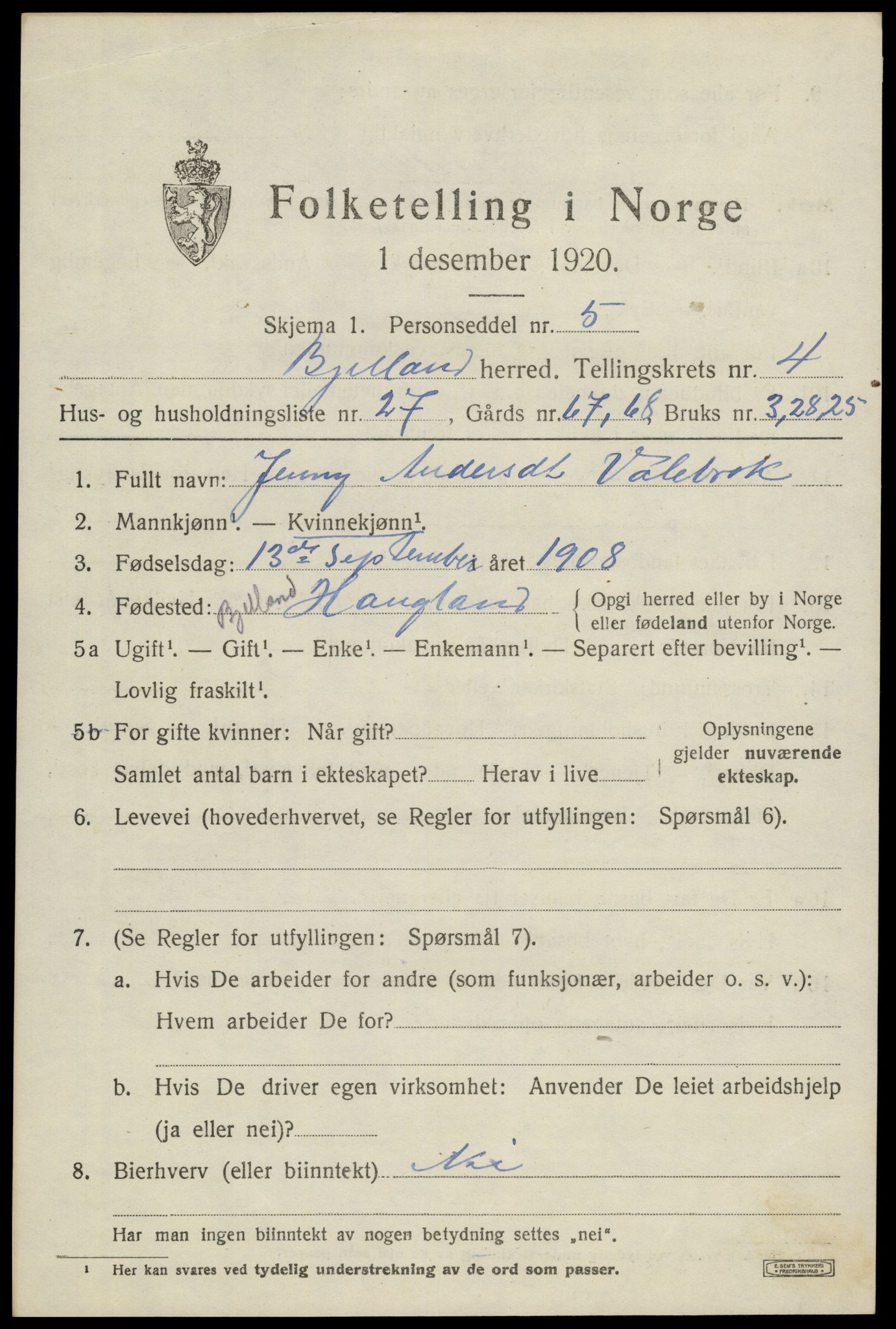 SAK, 1920 census for Bjelland, 1920, p. 1469