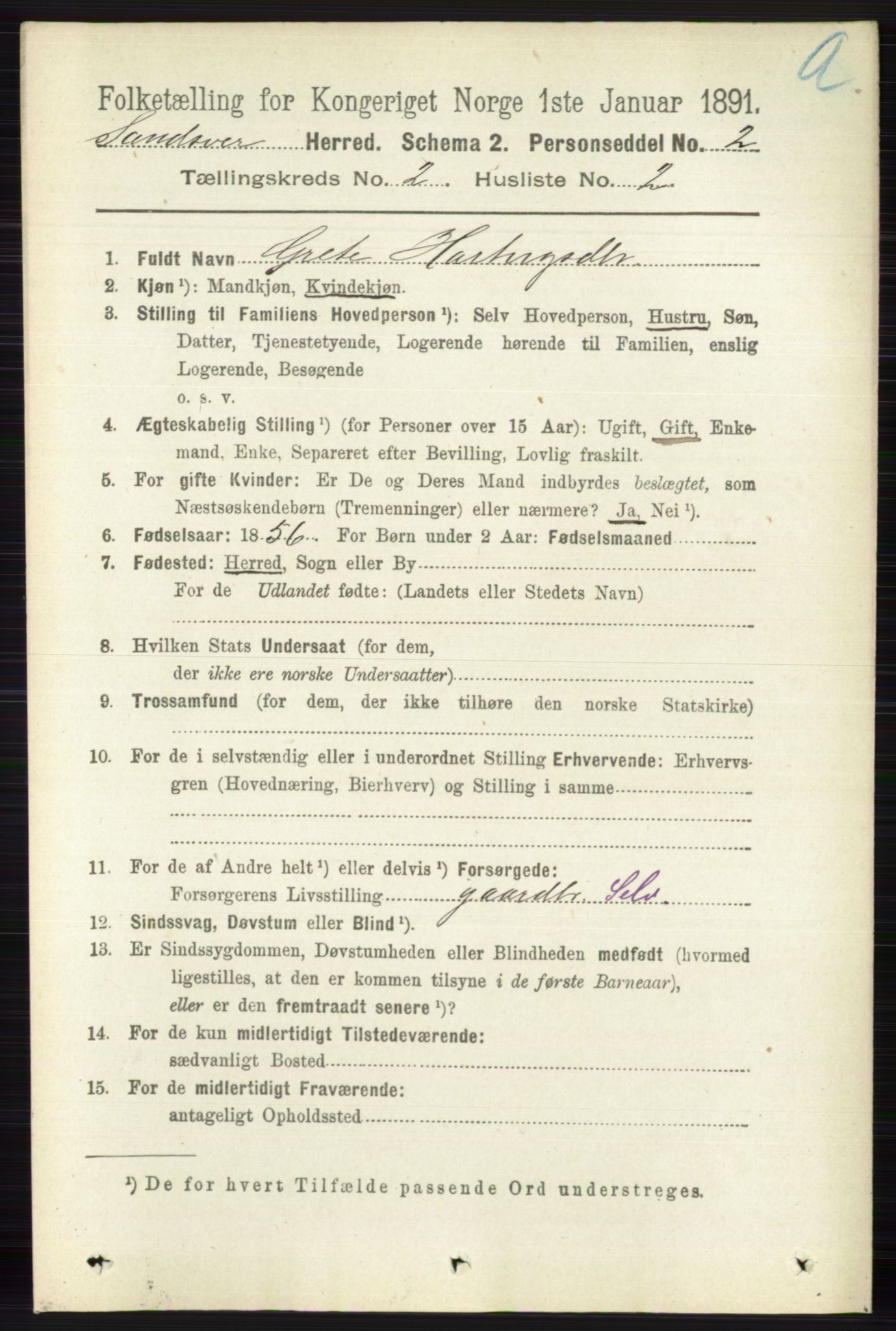 RA, 1891 census for 0629 Sandsvær, 1891, p. 689