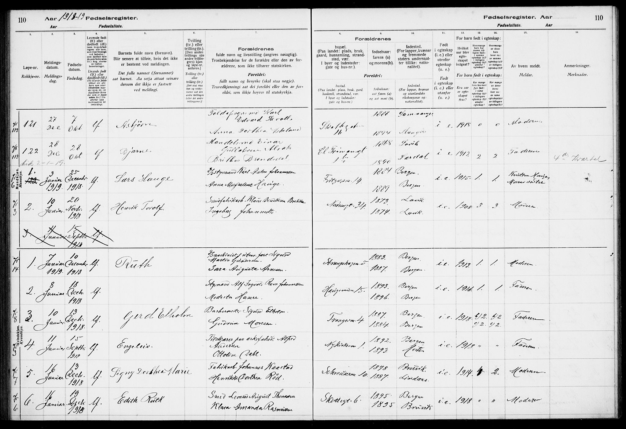 Nykirken Sokneprestembete, AV/SAB-A-77101/I/Id/L00A1: Birth register no. A 1, 1916-1922, p. 110