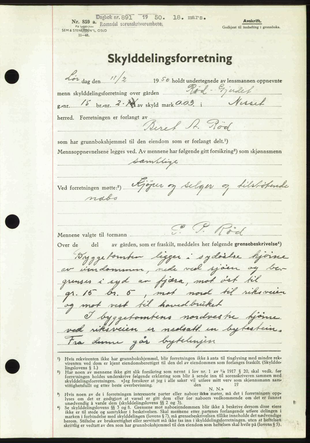 Romsdal sorenskriveri, AV/SAT-A-4149/1/2/2C: Mortgage book no. A32, 1950-1950, Diary no: : 891/1950