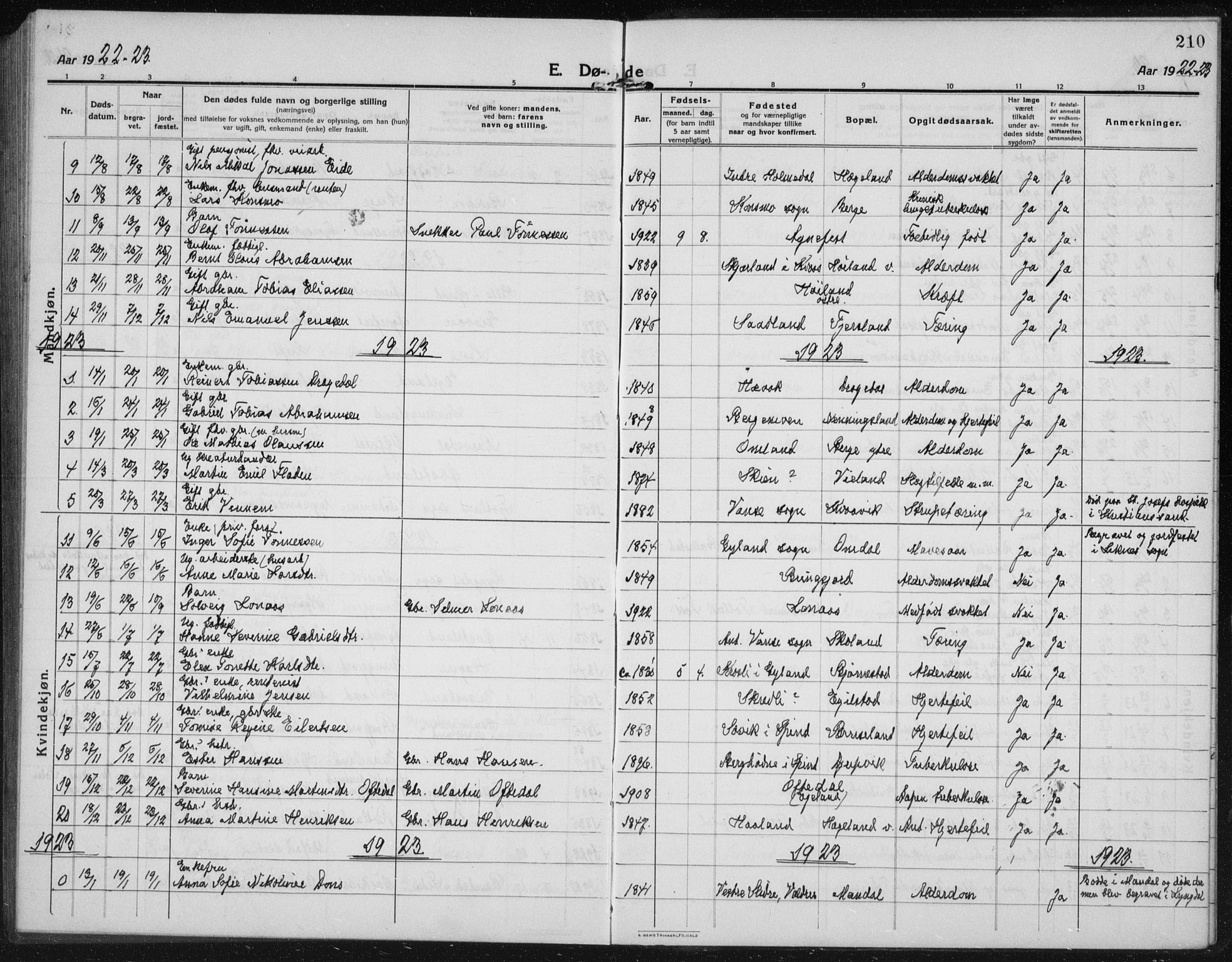 Lyngdal sokneprestkontor, AV/SAK-1111-0029/F/Fb/Fbc/L0006: Parish register (copy) no. B 6, 1914-1934, p. 210