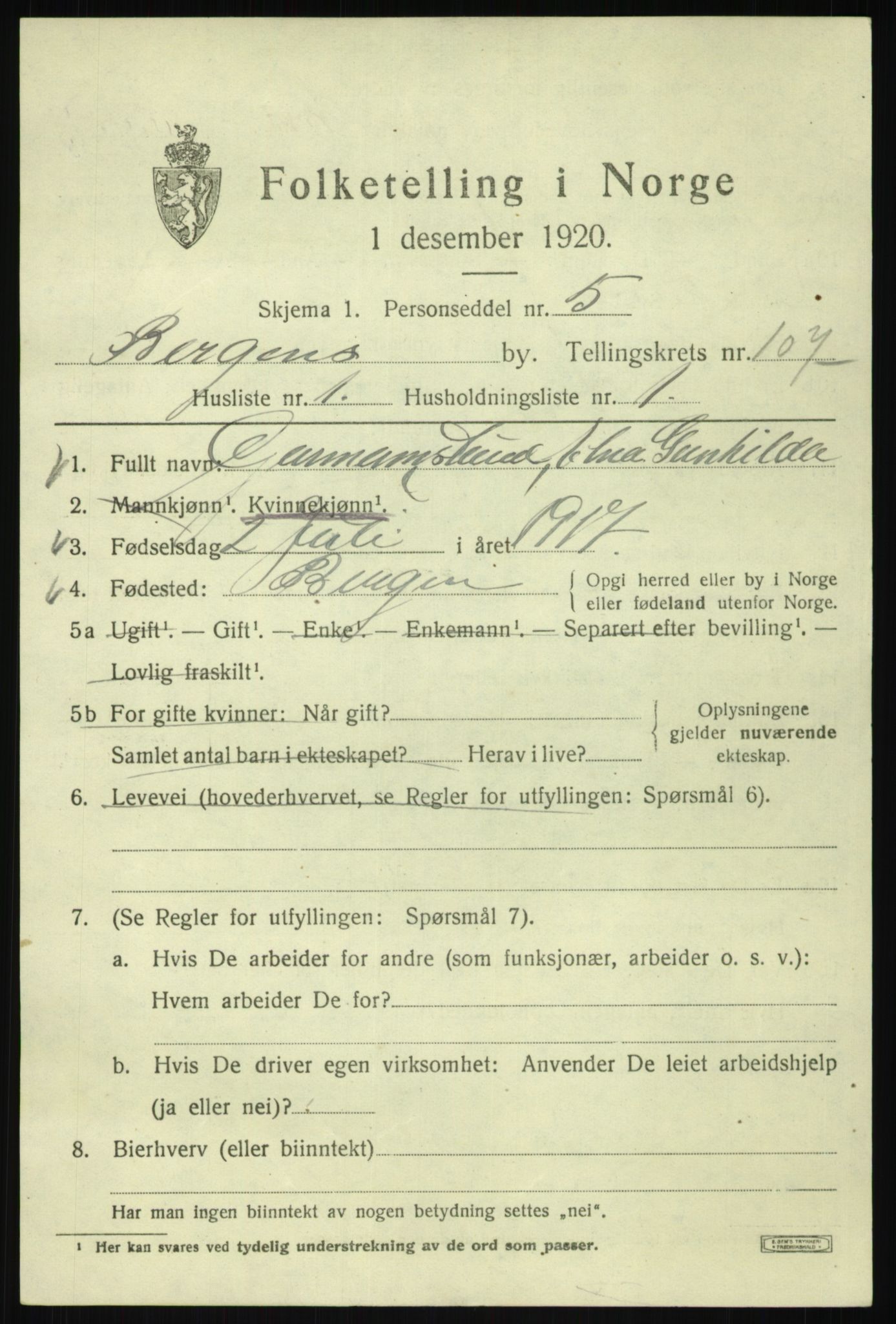 SAB, 1920 census for Bergen, 1920, p. 184796