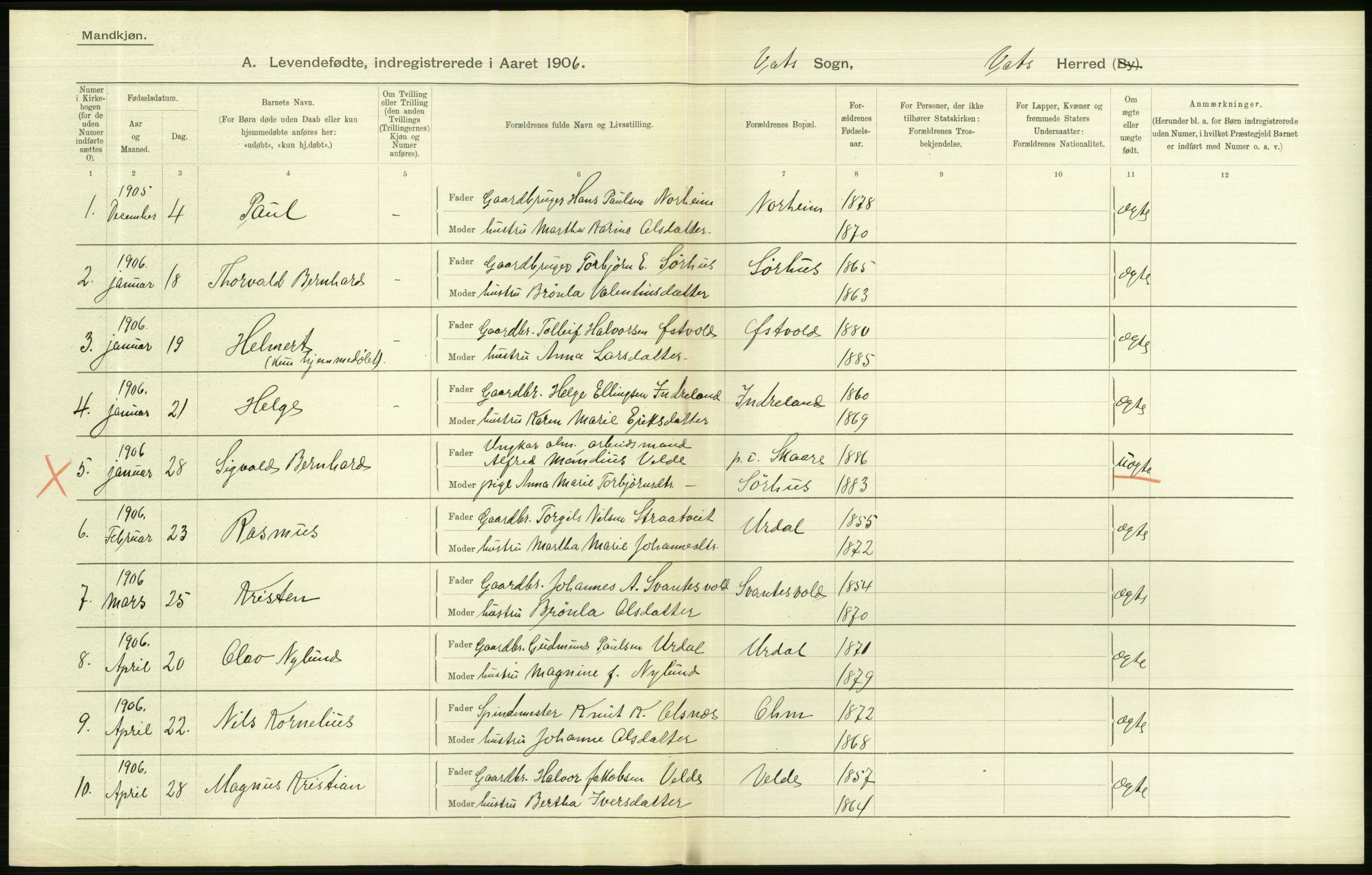 Statistisk sentralbyrå, Sosiodemografiske emner, Befolkning, AV/RA-S-2228/D/Df/Dfa/Dfad/L0025: Stavanger amt: Levendefødte menn og kvinner. Bygder., 1906, p. 276