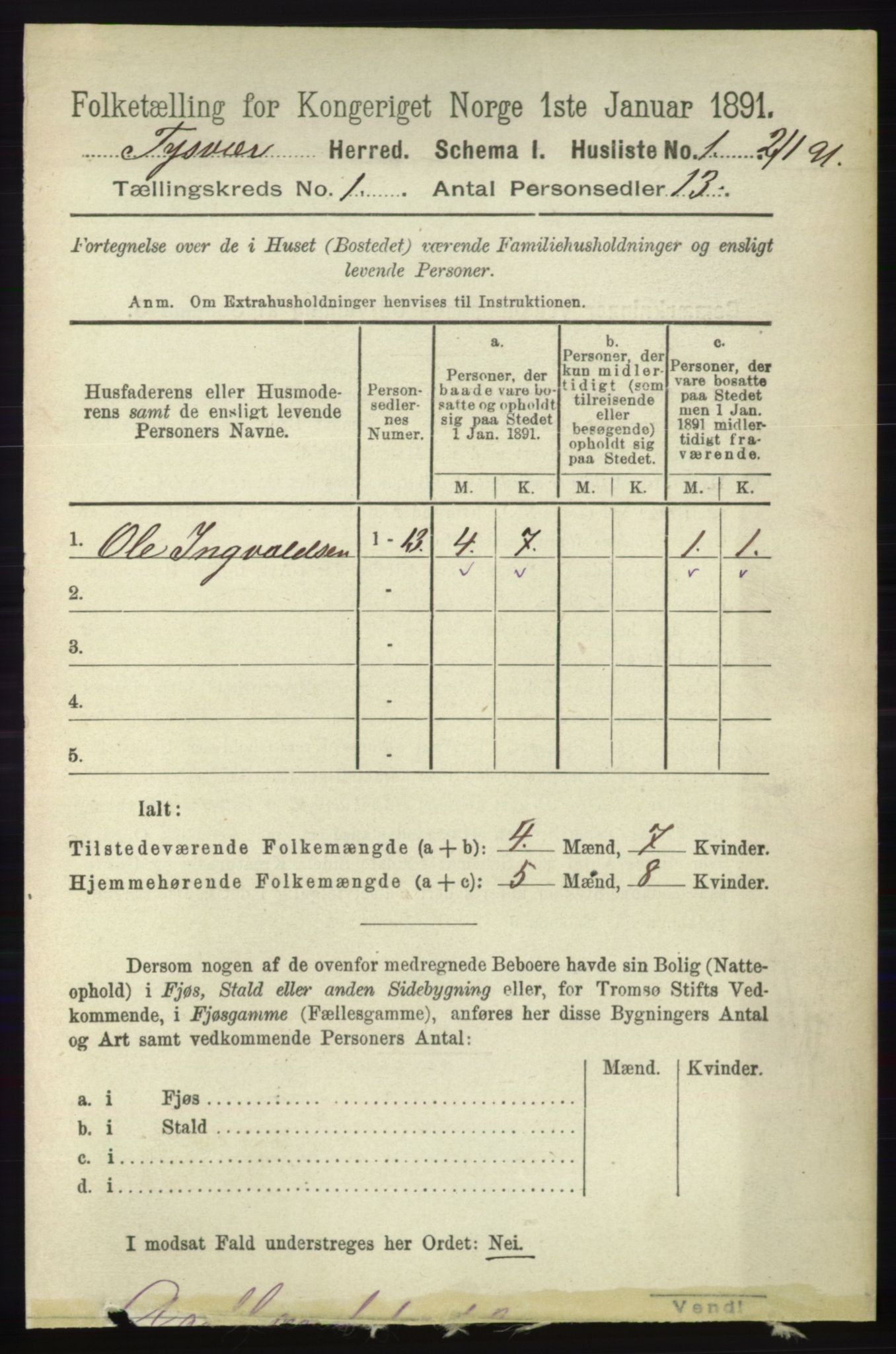 RA, 1891 census for 1146 Tysvær, 1891, p. 19