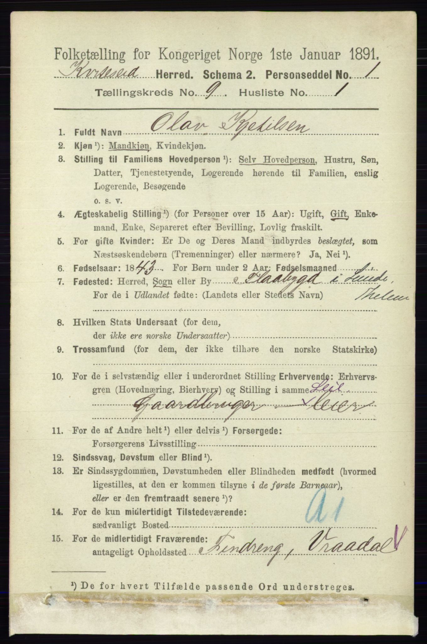 RA, 1891 census for 0829 Kviteseid, 1891, p. 1991