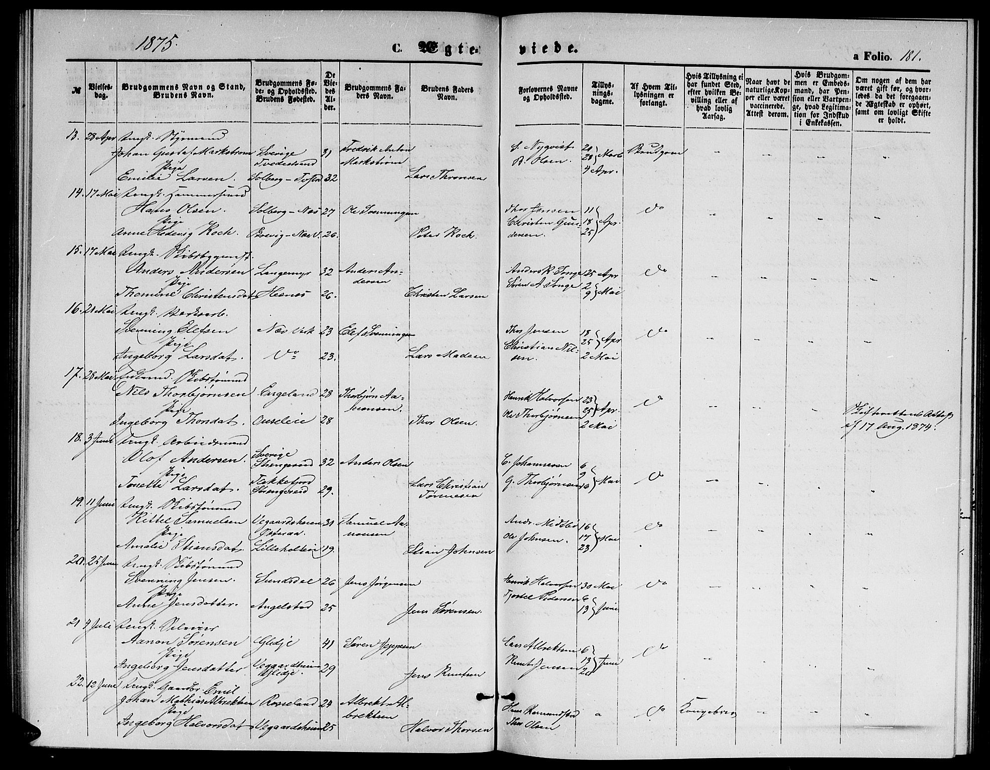 Holt sokneprestkontor, AV/SAK-1111-0021/F/Fb/L0009: Parish register (copy) no. B 9, 1871-1883, p. 181