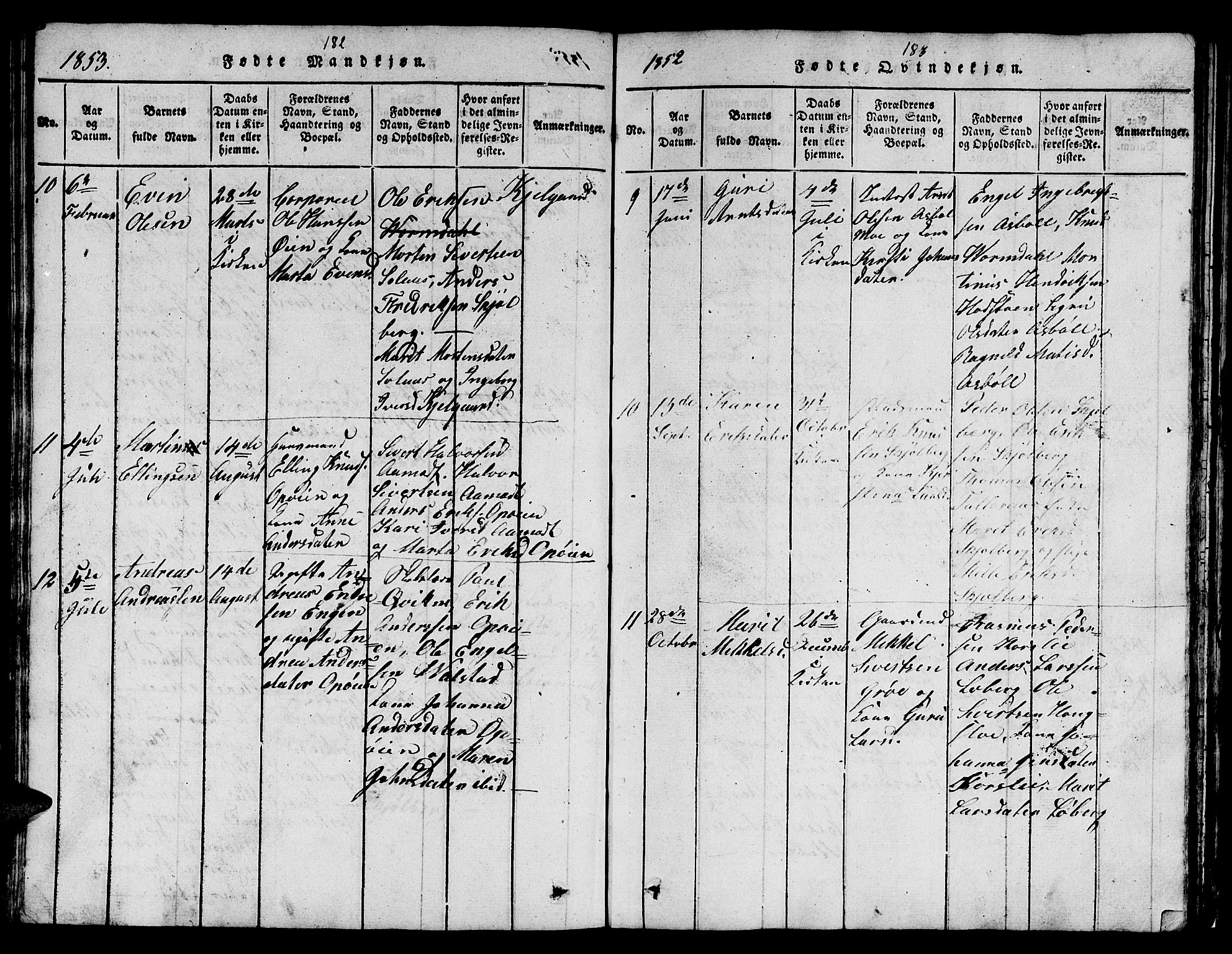 Ministerialprotokoller, klokkerbøker og fødselsregistre - Sør-Trøndelag, SAT/A-1456/671/L0842: Parish register (copy) no. 671C01, 1816-1867, p. 182-183