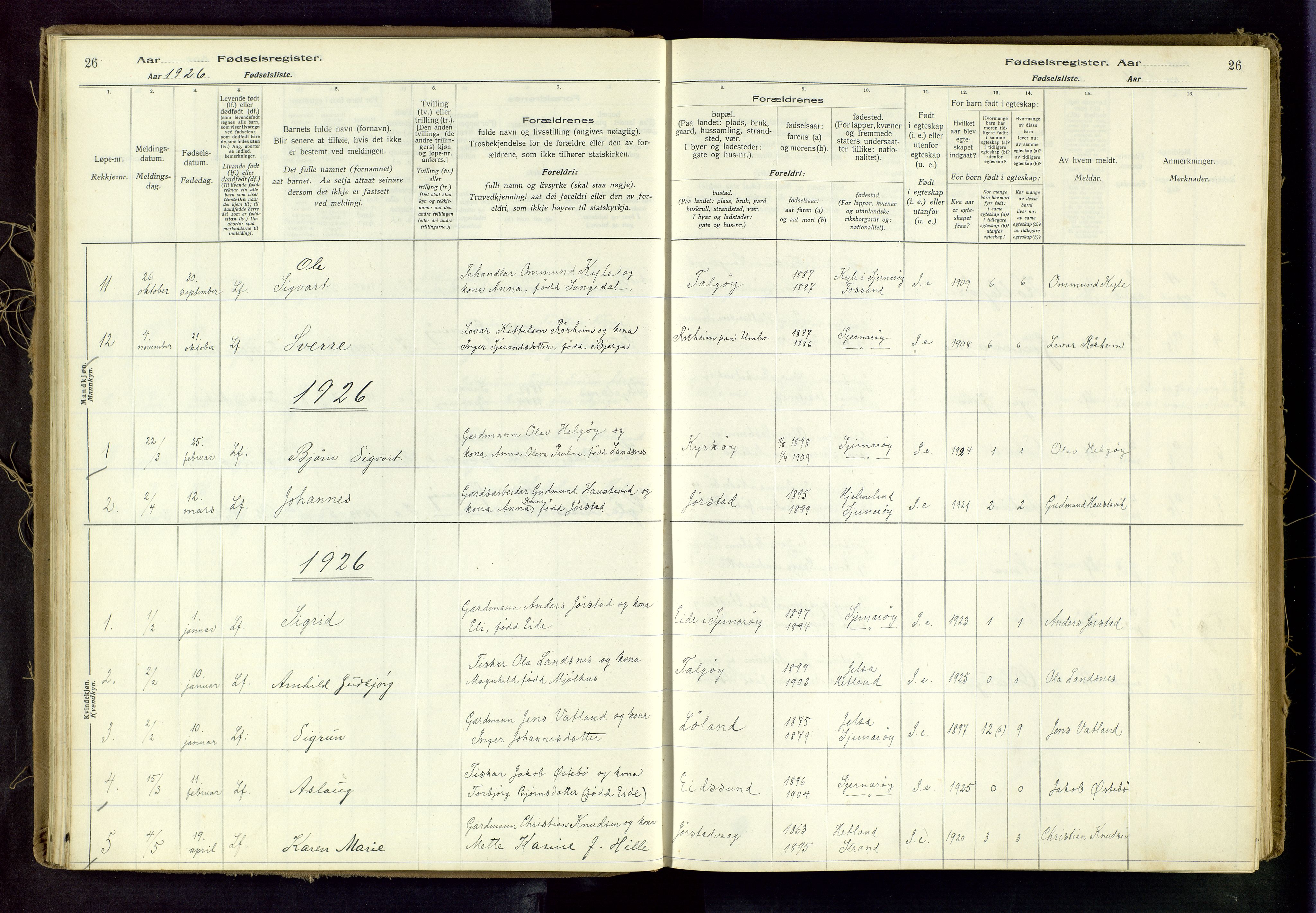 Nedstrand sokneprestkontor, AV/SAST-A-101841/03/A/L0001: Birth register no. 1, 1916-1982, p. 26