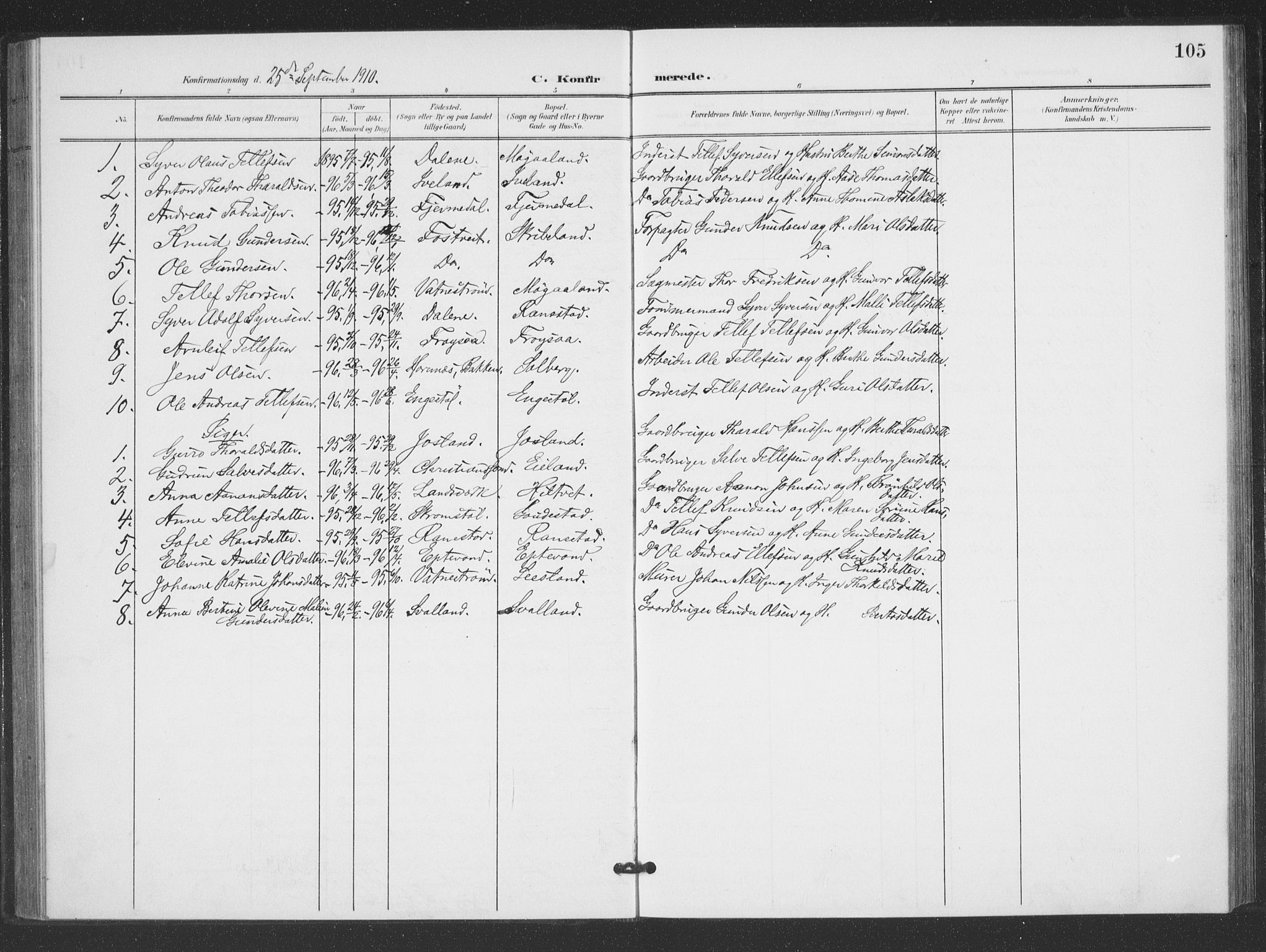 Evje sokneprestkontor, AV/SAK-1111-0008/F/Fb/Fbc/L0005: Parish register (copy) no. B 5, 1901-1935, p. 105