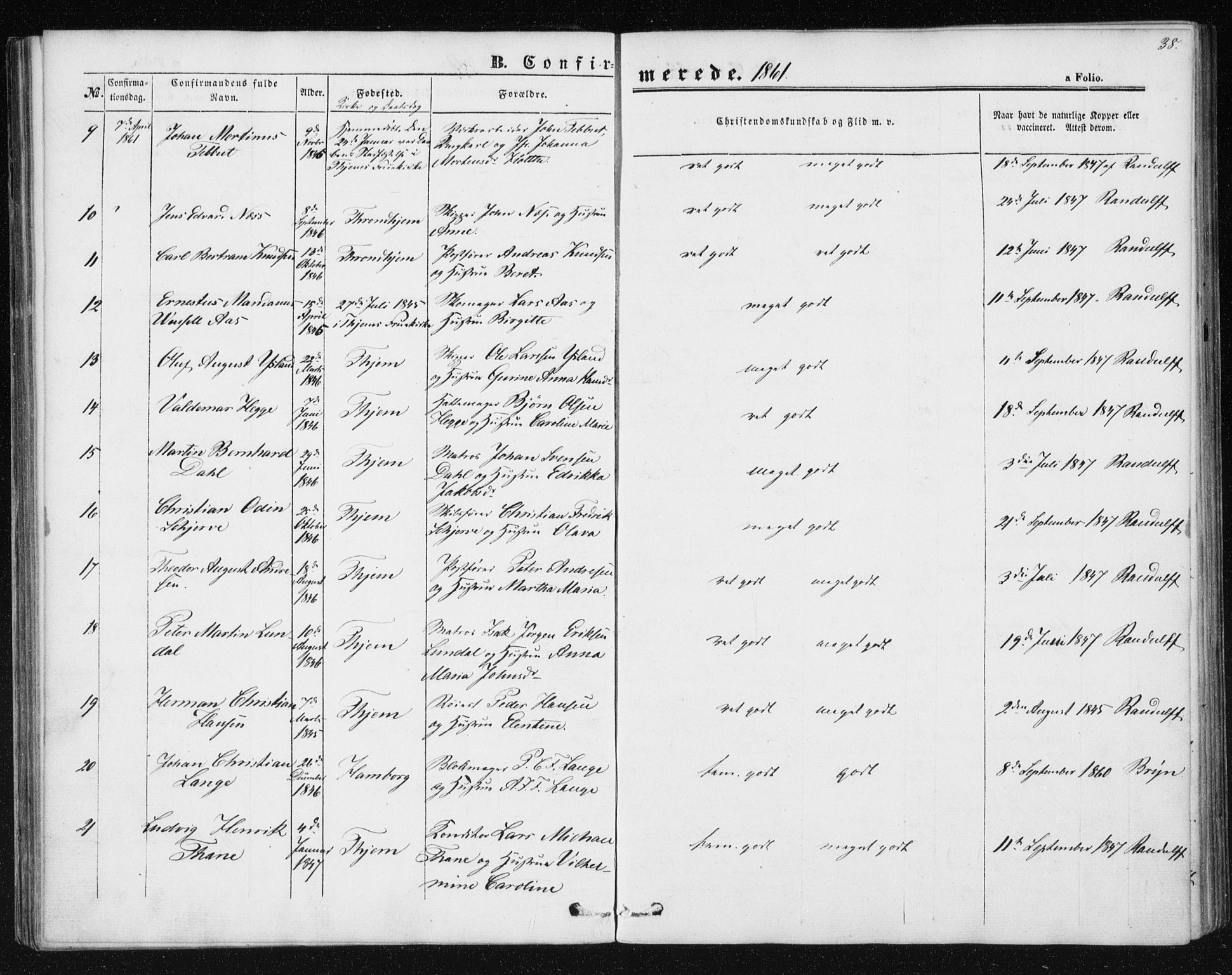Ministerialprotokoller, klokkerbøker og fødselsregistre - Sør-Trøndelag, SAT/A-1456/602/L0114: Parish register (official) no. 602A12, 1856-1872, p. 38