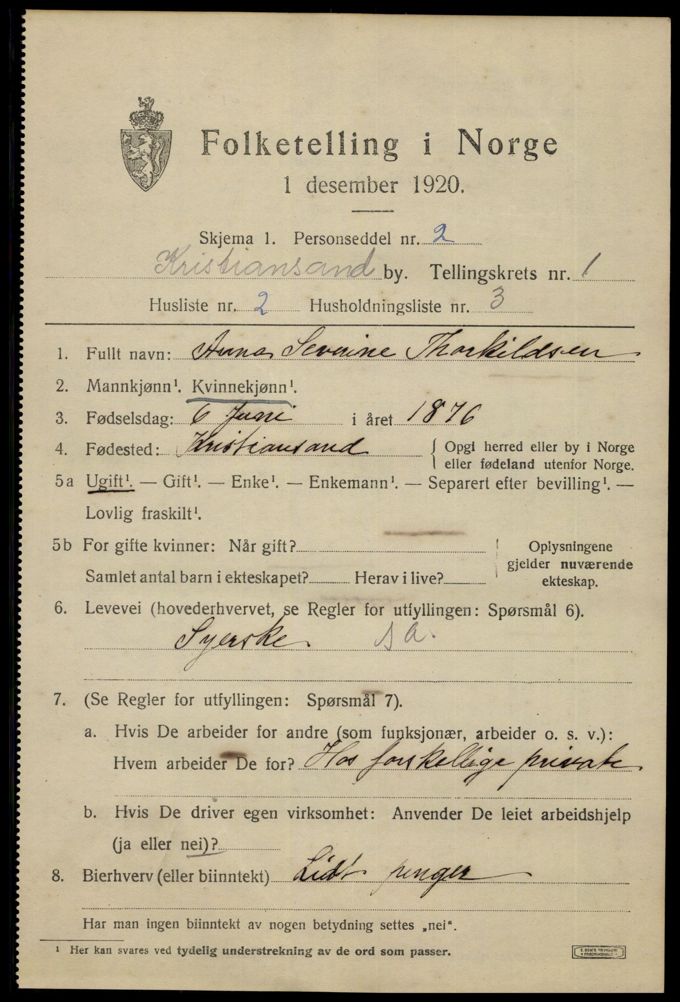 SAK, 1920 census for Kristiansand, 1920, p. 22017