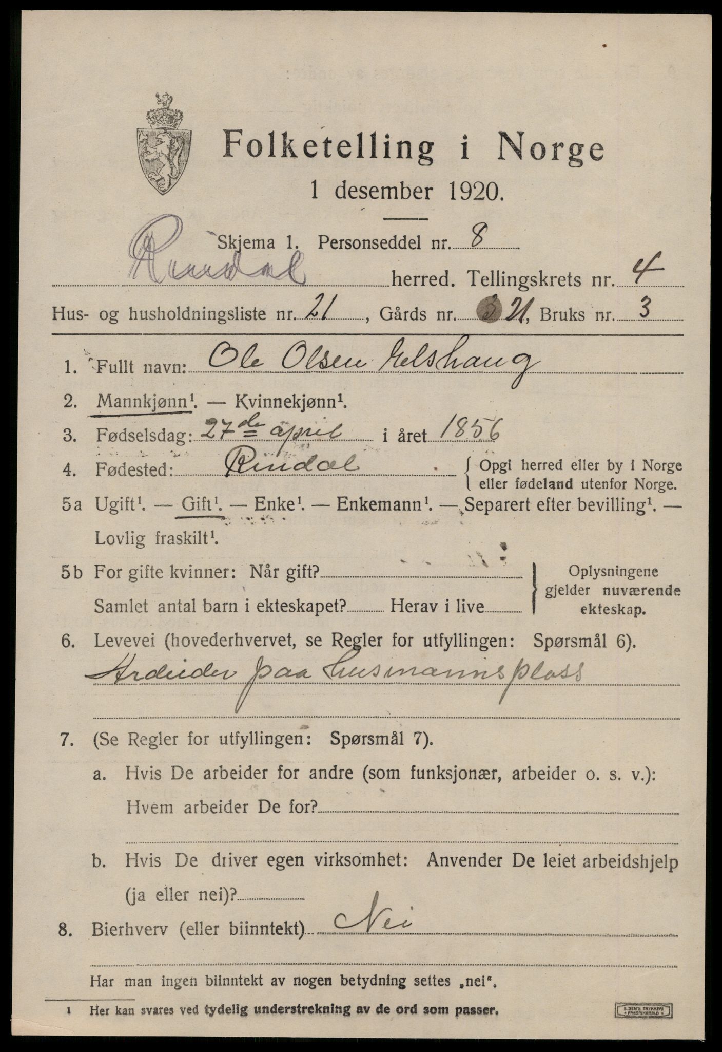 SAT, 1920 census for Rindal, 1920, p. 2638