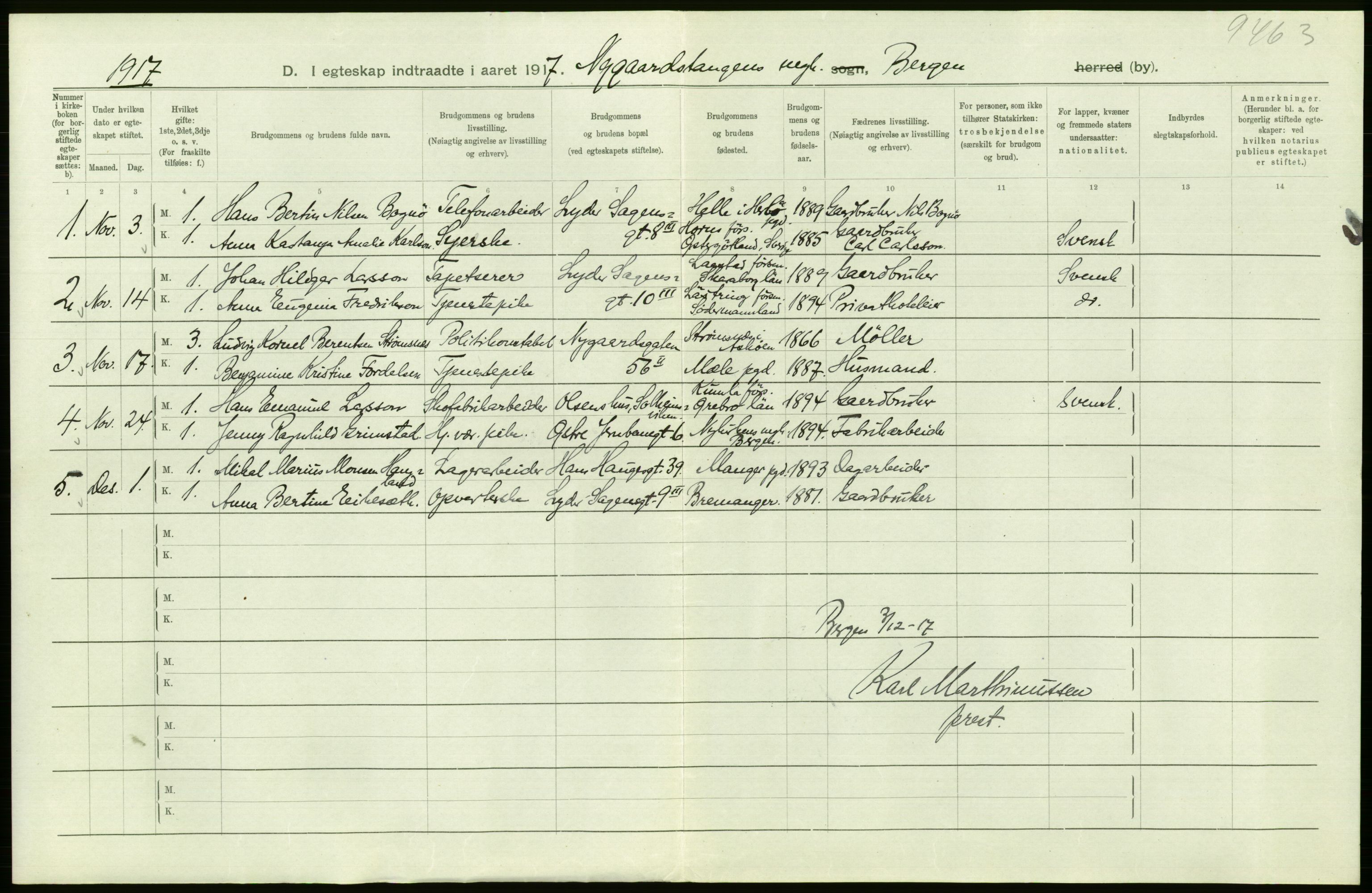 Statistisk sentralbyrå, Sosiodemografiske emner, Befolkning, RA/S-2228/D/Df/Dfb/Dfbg/L0038: Bergen: Gifte, døde, dødfødte., 1917, p. 306