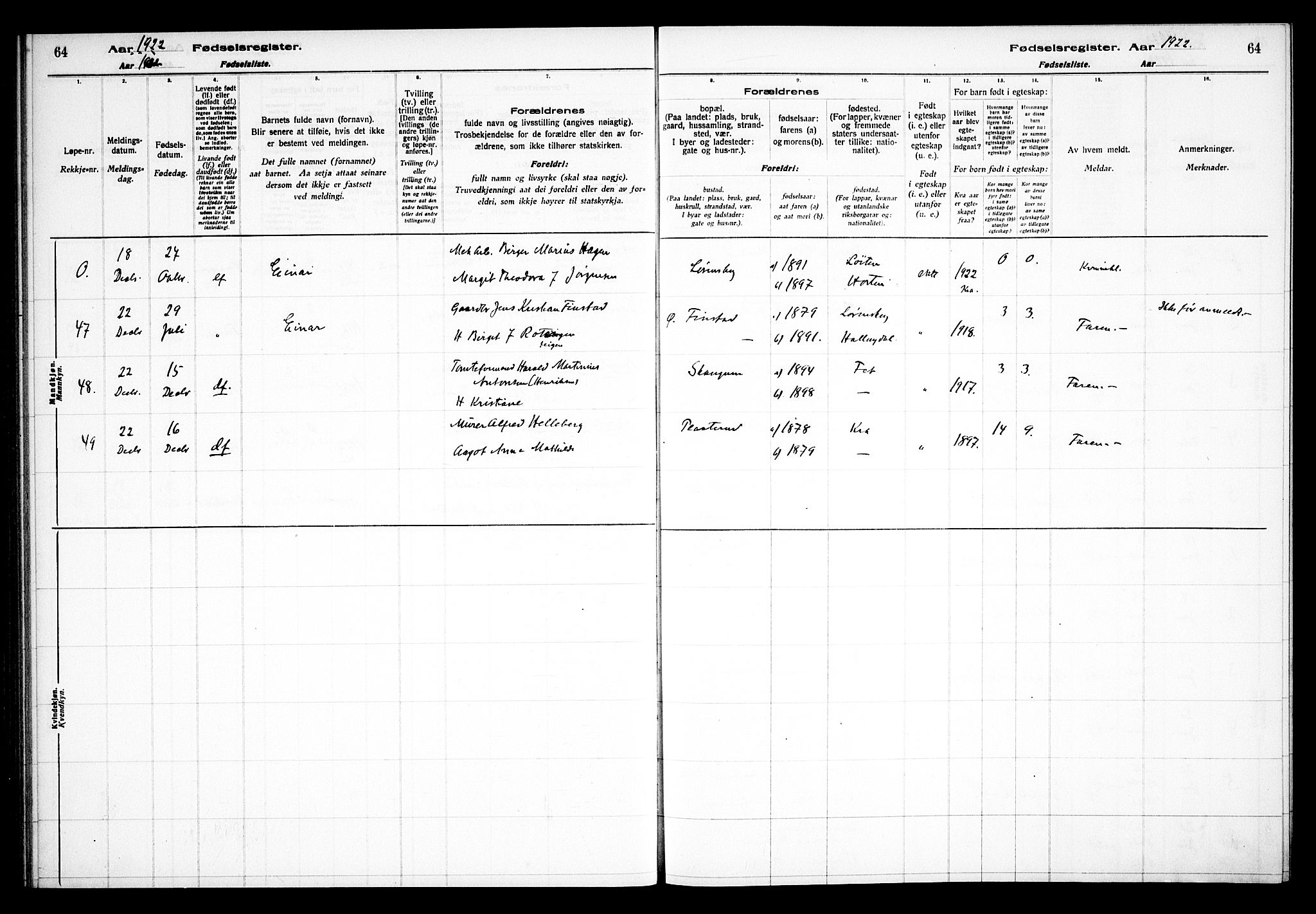 Skedsmo prestekontor Kirkebøker, SAO/A-10033a/J/Jb/L0001: Birth register no. II 1, 1916-1932, p. 64