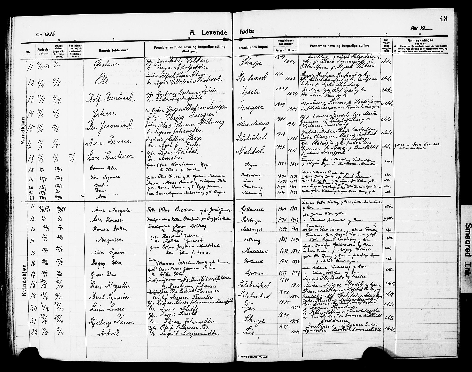 Ministerialprotokoller, klokkerbøker og fødselsregistre - Nord-Trøndelag, SAT/A-1458/780/L0653: Parish register (copy) no. 780C05, 1911-1927, p. 48