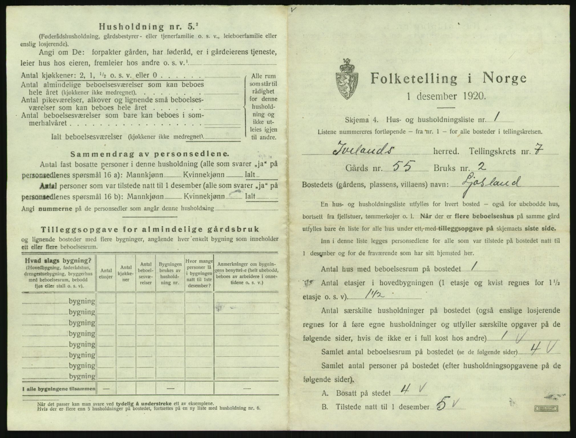 SAK, 1920 census for Iveland, 1920, p. 337