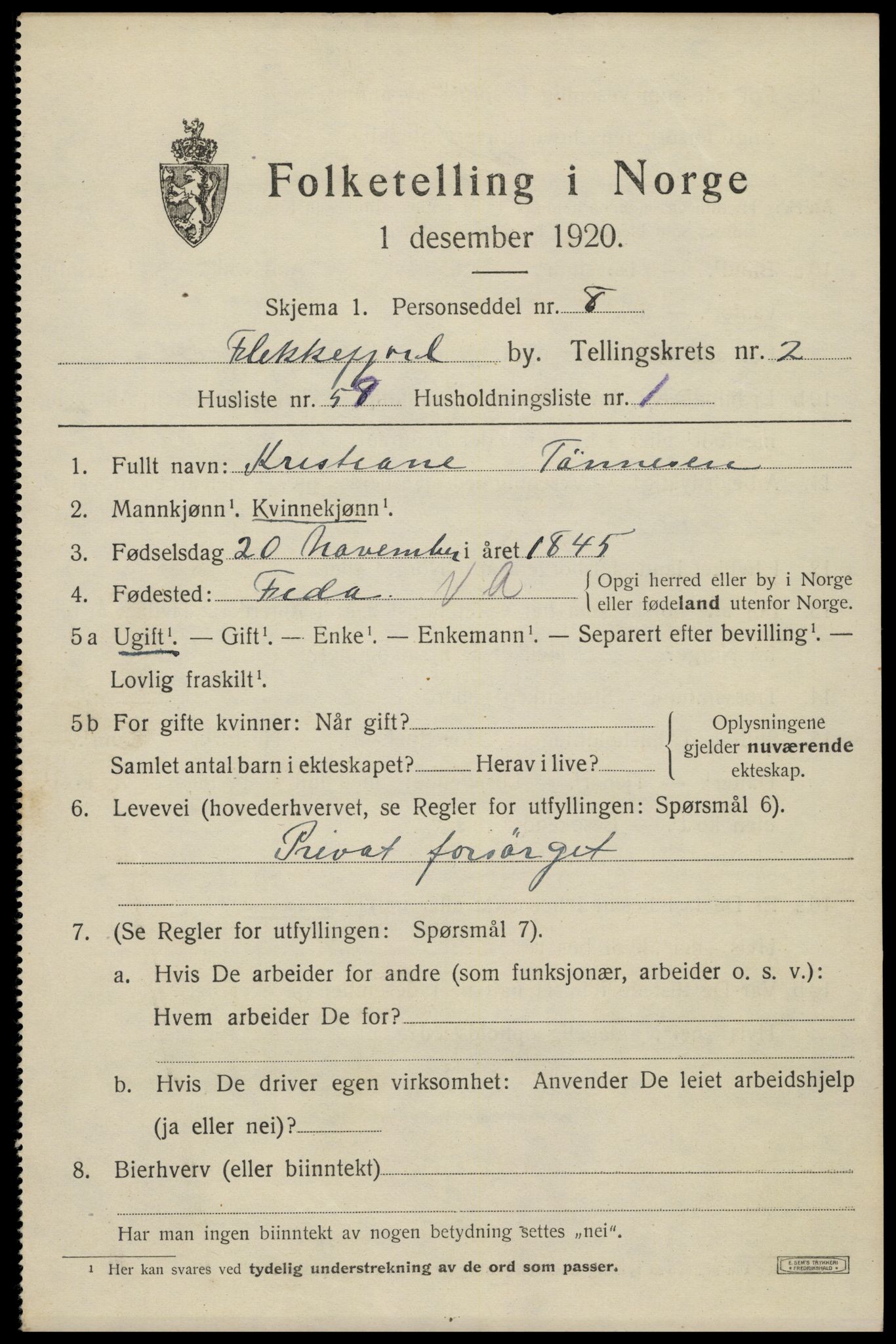 SAK, 1920 census for Flekkefjord, 1920, p. 3208