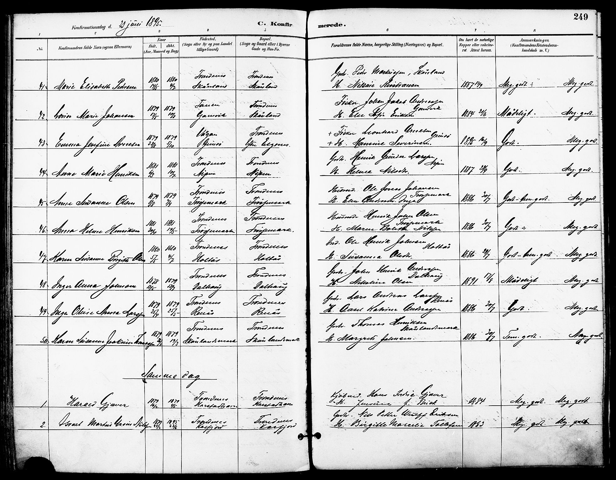 Trondenes sokneprestkontor, AV/SATØ-S-1319/H/Ha/L0016kirke: Parish register (official) no. 16, 1890-1898, p. 249