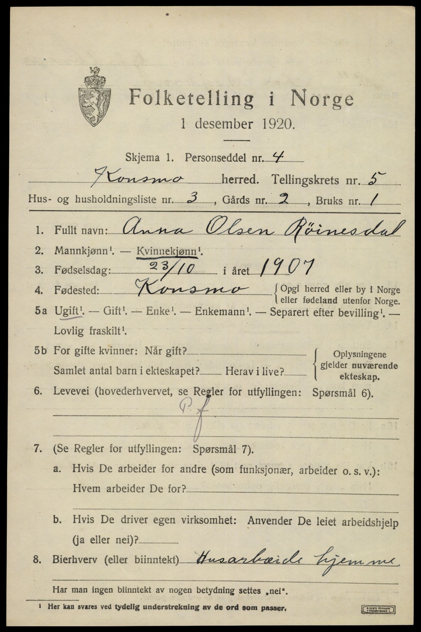 SAK, 1920 census for Konsmo, 1920, p. 1298