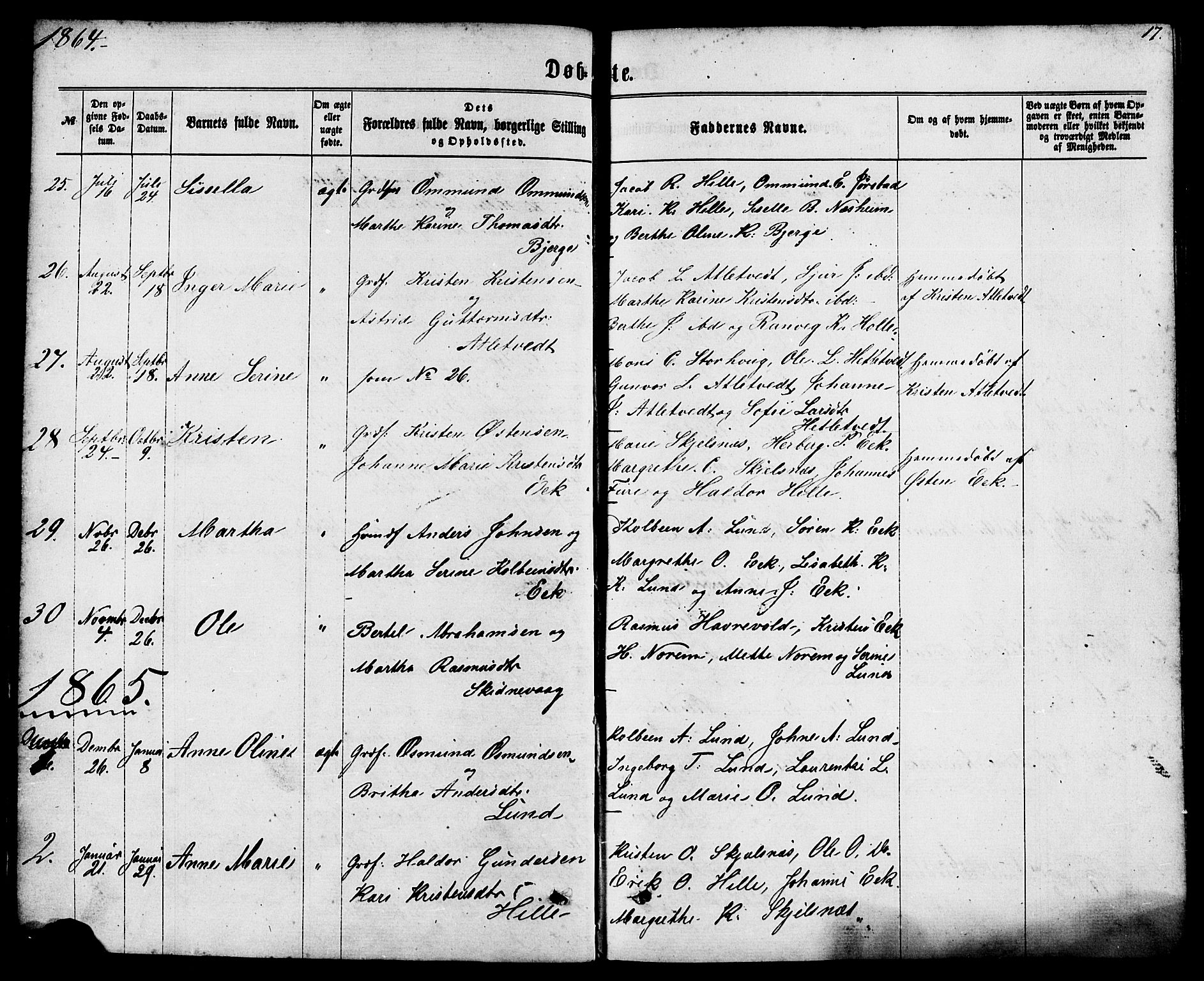 Nedstrand sokneprestkontor, AV/SAST-A-101841/01/IV: Parish register (official) no. A 10, 1861-1887, p. 17