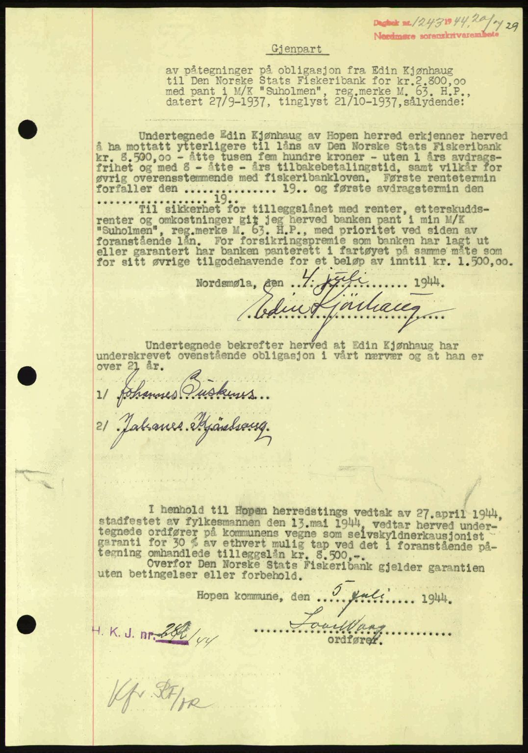 Nordmøre sorenskriveri, AV/SAT-A-4132/1/2/2Ca: Mortgage book no. B92, 1944-1945, Diary no: : 1243/1944