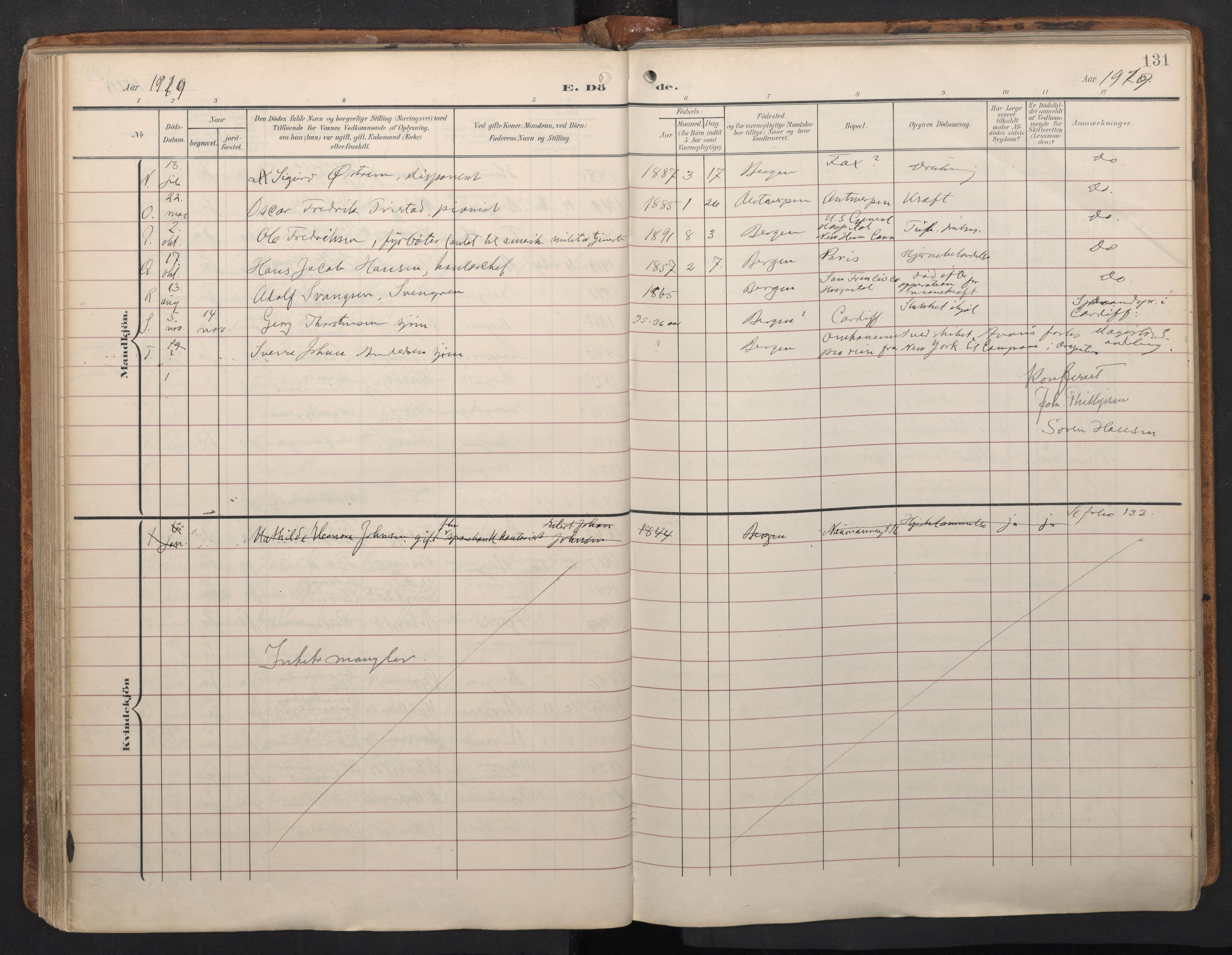 Domkirken sokneprestembete, SAB/A-74801/H/Haa/L0044: Parish register (official) no. E 6, 1904-1946, p. 130b-131a