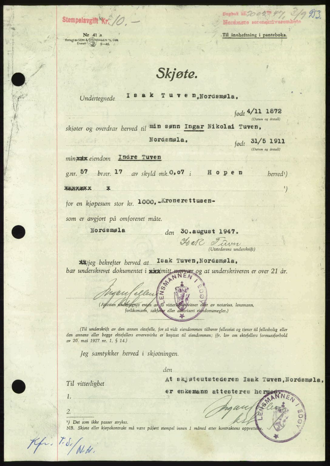 Nordmøre sorenskriveri, AV/SAT-A-4132/1/2/2Ca: Mortgage book no. A105, 1947-1947, Diary no: : 2002/1947