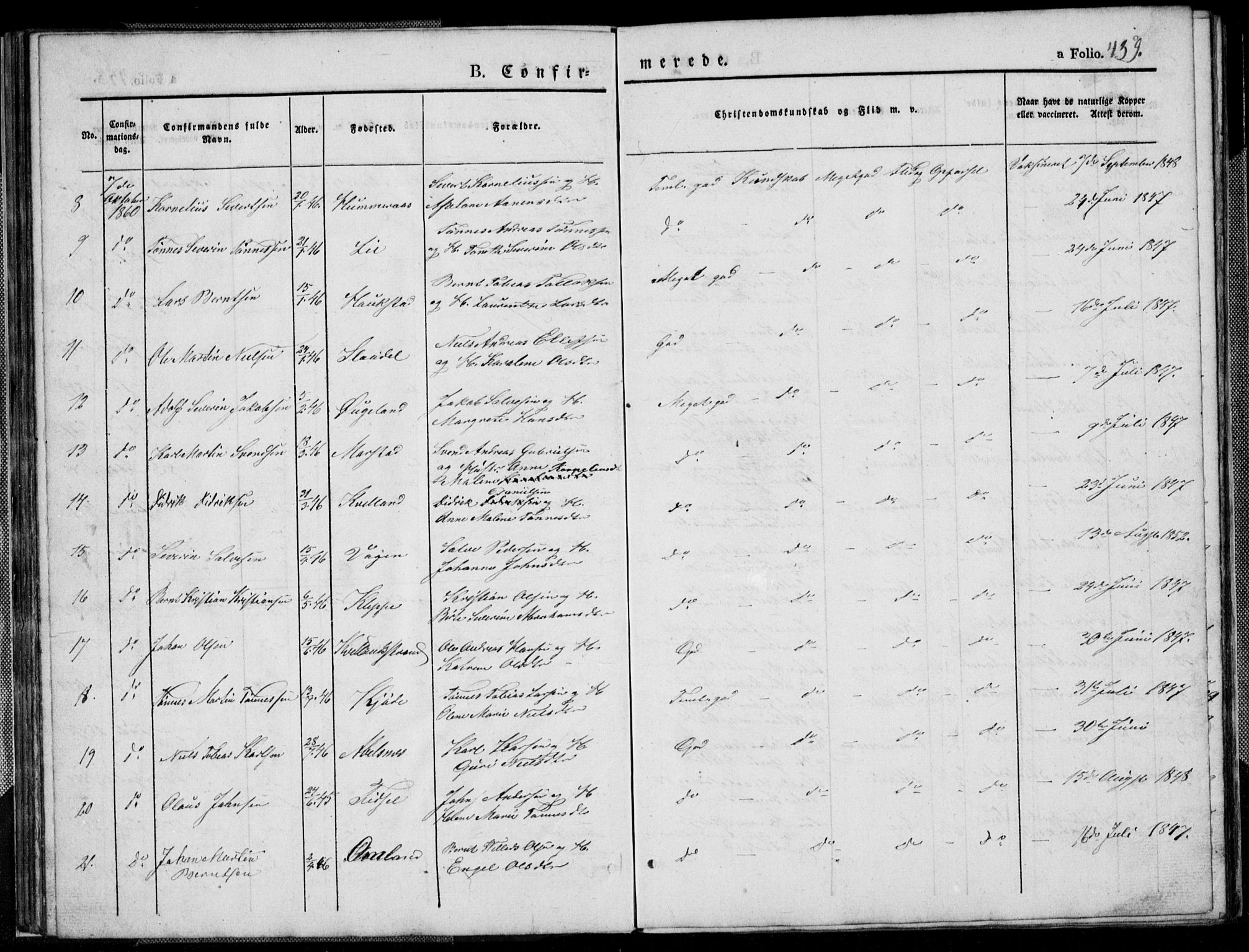 Flekkefjord sokneprestkontor, SAK/1111-0012/F/Fb/Fbb/L0002: Parish register (copy) no. B 2b, 1831-1866, p. 459