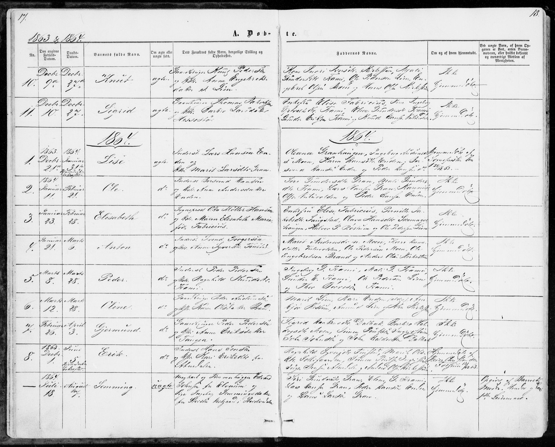 Sollia prestekontor, AV/SAH-PREST-050/H/Ha/Haa/L0001: Parish register (official) no. 1, 1856-1885, p. 17-18