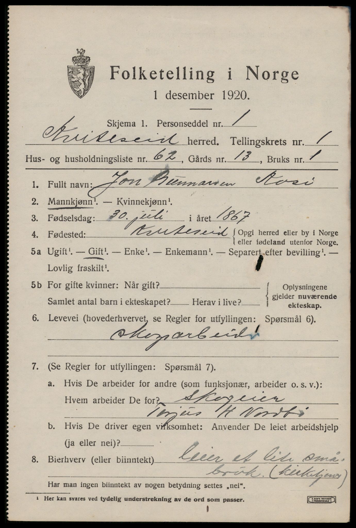 SAKO, 1920 census for Kviteseid, 1920, p. 2067