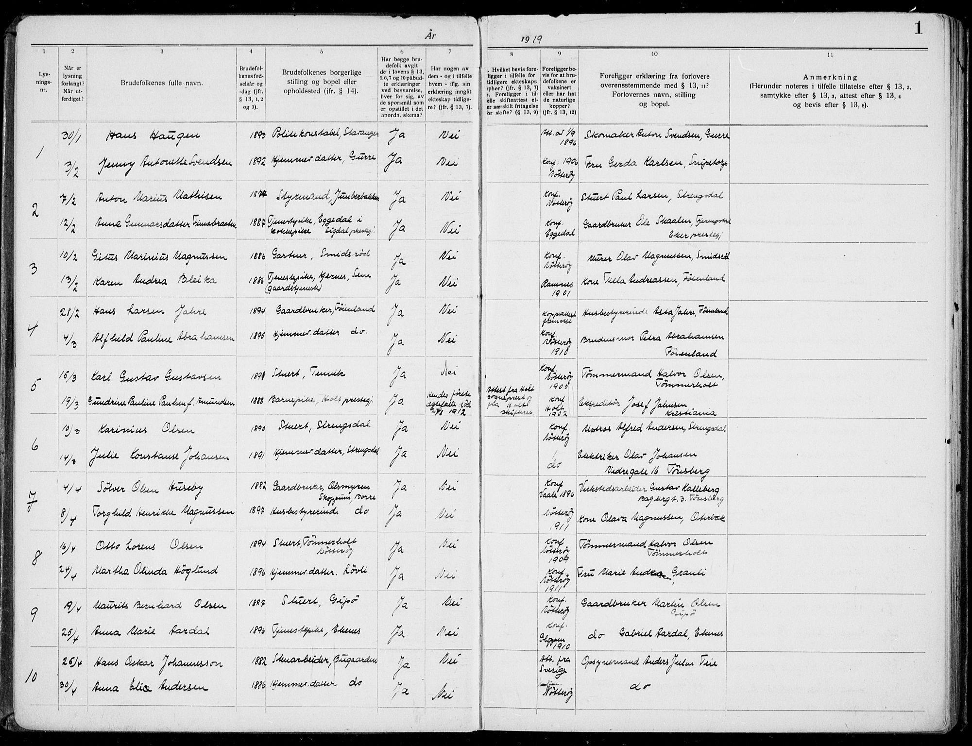 Nøtterøy kirkebøker, AV/SAKO-A-354/H/Ha/L0001: Banns register no. 1, 1919-1937, p. 1