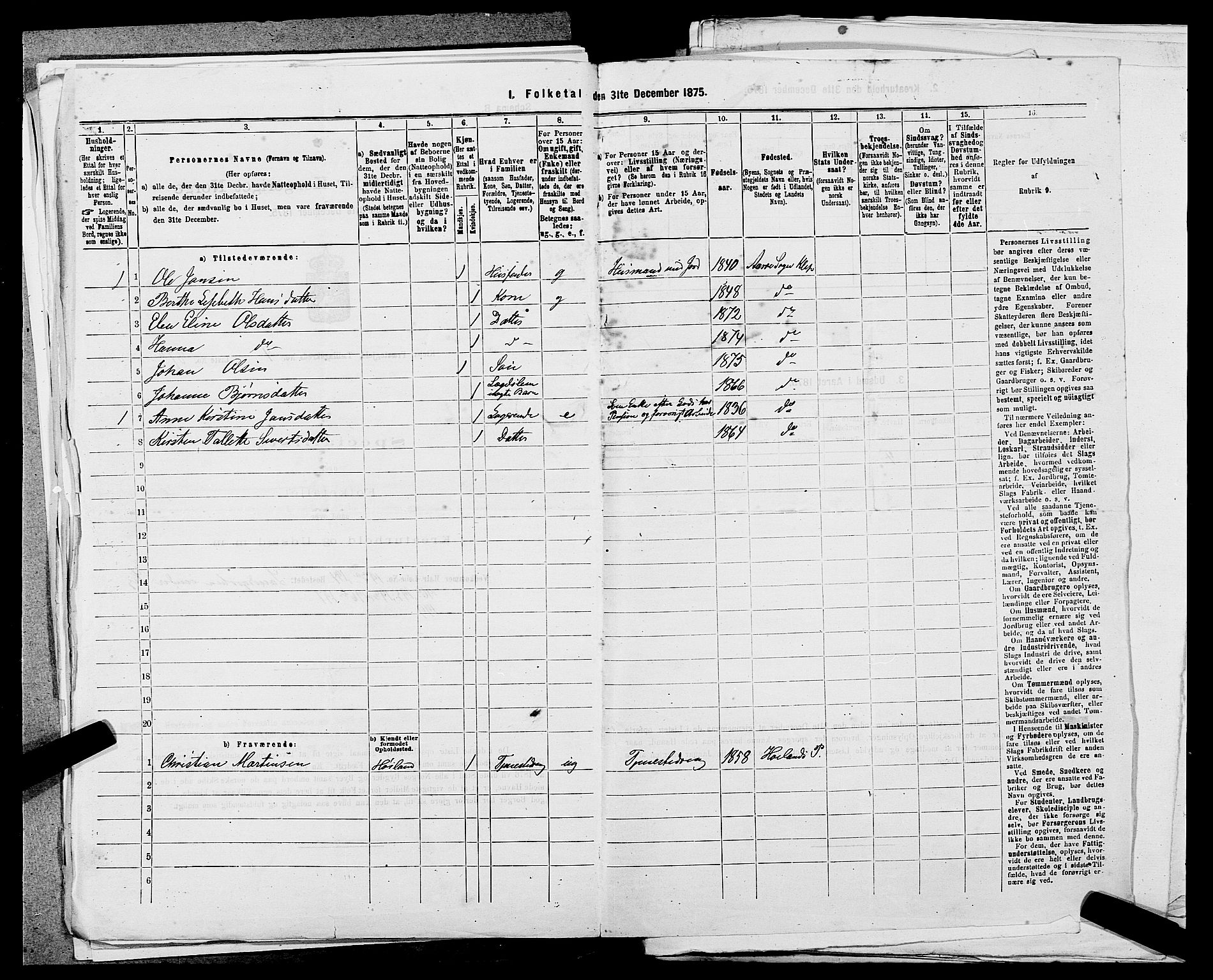 SAST, 1875 census for 1120P Klepp, 1875, p. 721