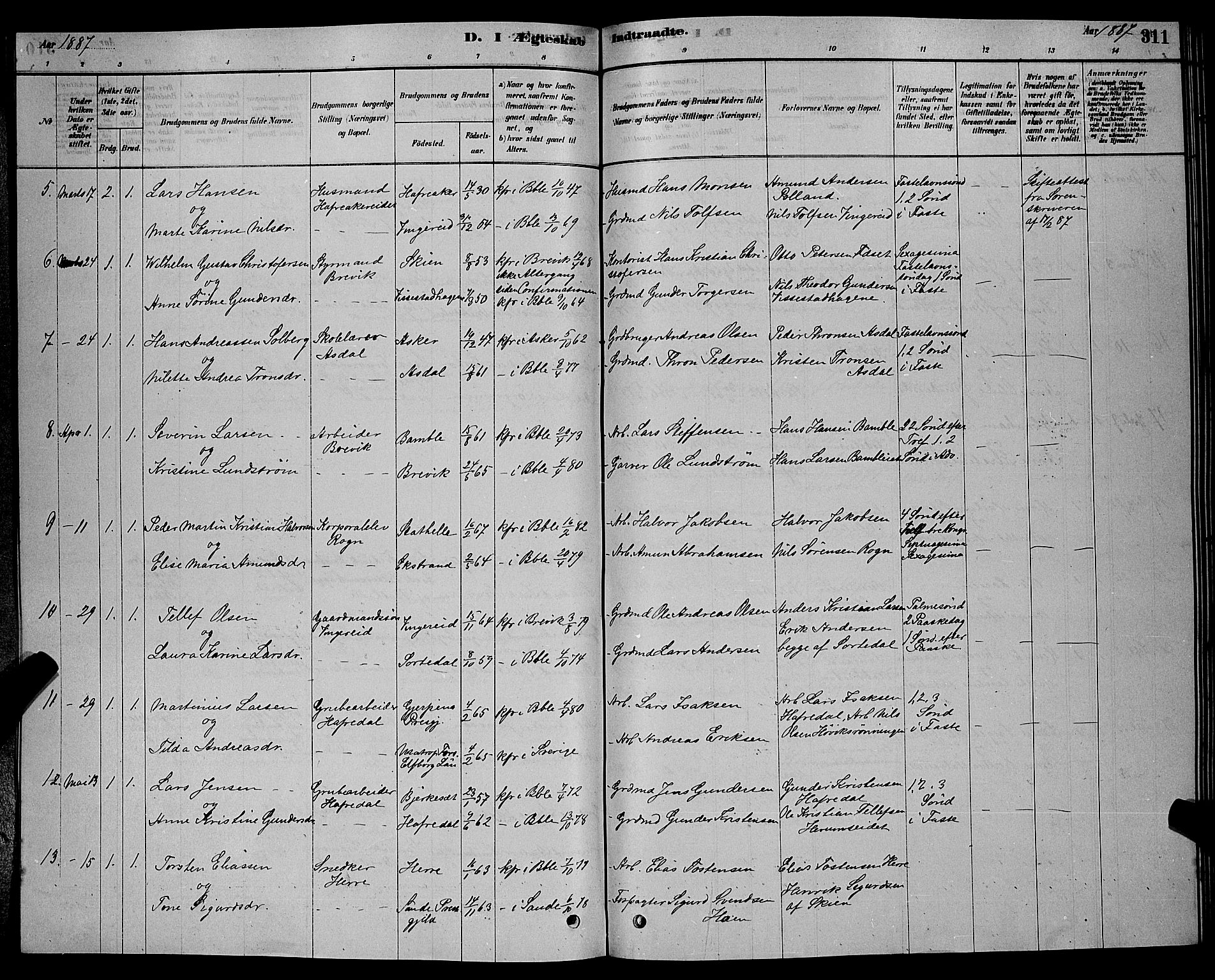 Bamble kirkebøker, AV/SAKO-A-253/G/Ga/L0008: Parish register (copy) no. I 8, 1878-1888, p. 311