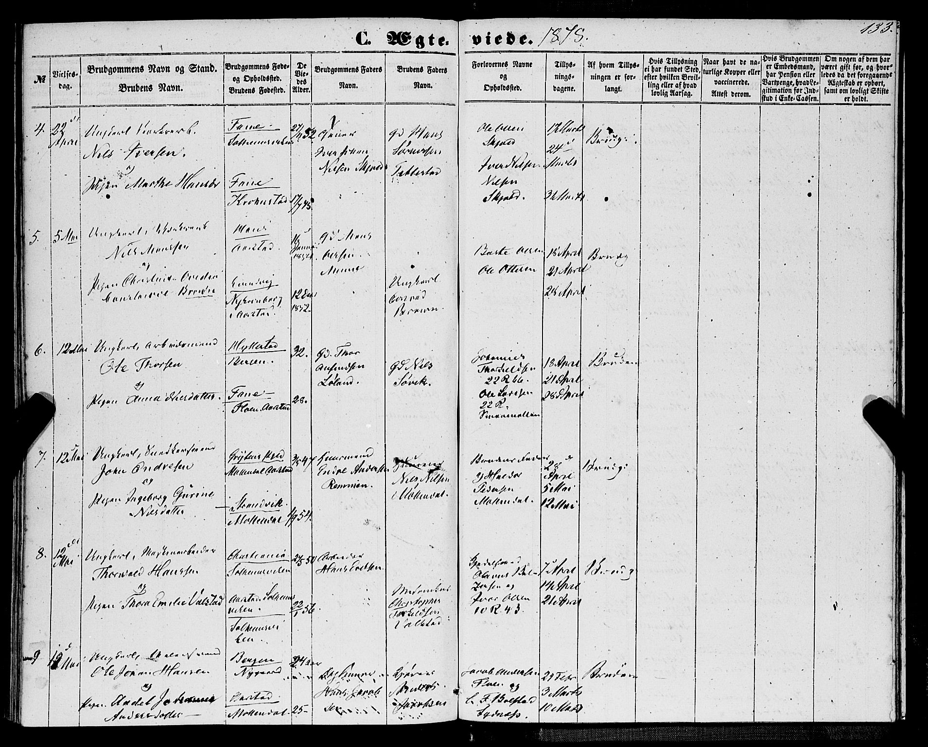 St. Jørgens hospital og Årstad sokneprestembete, SAB/A-99934: Parish register (official) no. A 9, 1853-1878, p. 133