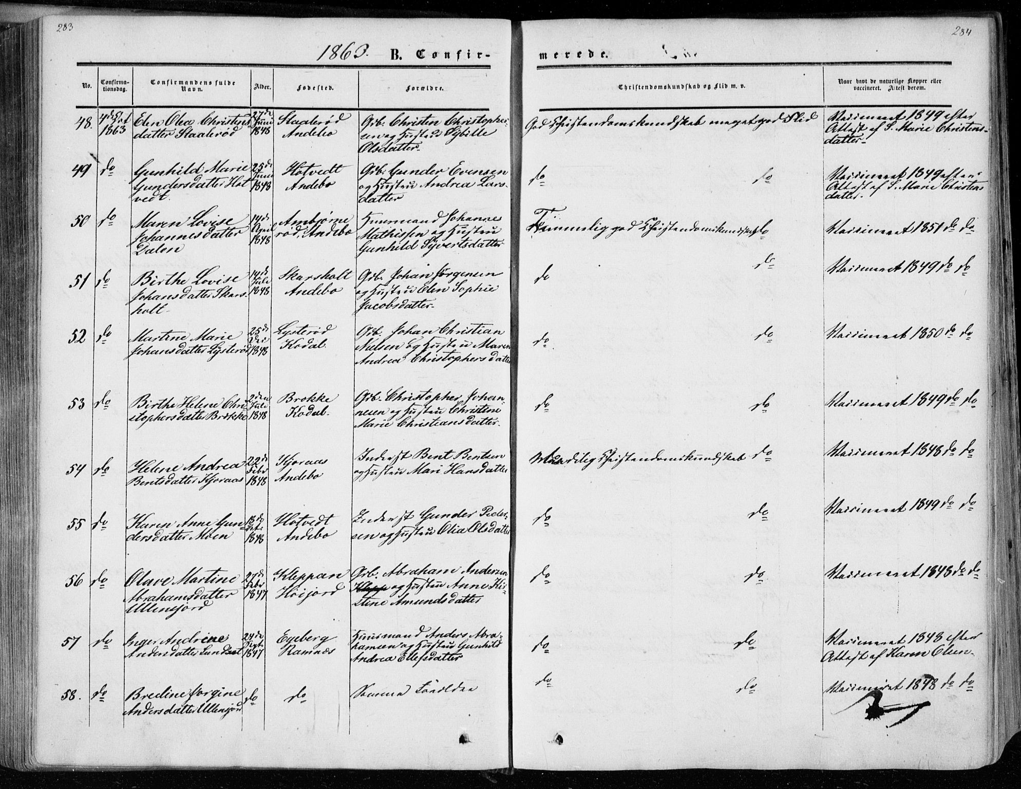 Andebu kirkebøker, AV/SAKO-A-336/F/Fa/L0005: Parish register (official) no. 5, 1857-1870, p. 283-284