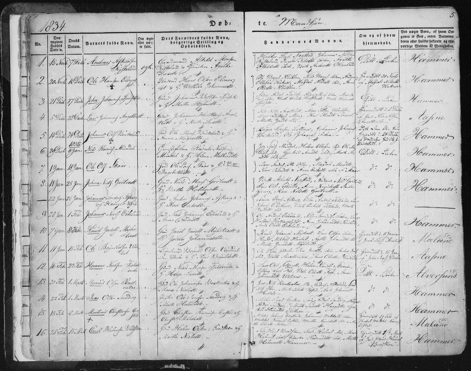 Hamre sokneprestembete, SAB/A-75501/H/Ha/Haa/Haaa/L0012: Parish register (official) no. A 12, 1834-1845, p. 5