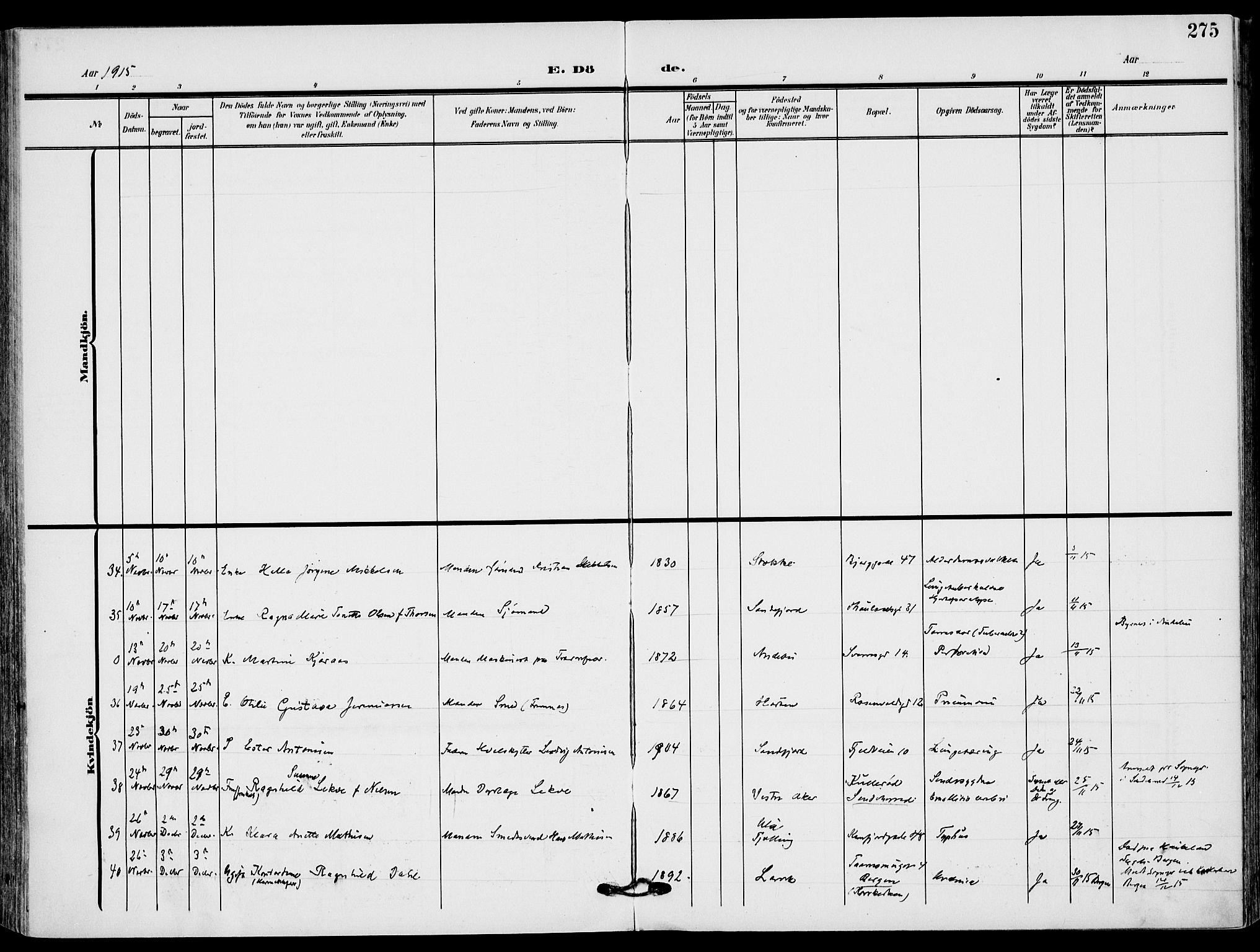 Sandefjord kirkebøker, AV/SAKO-A-315/F/Fa/L0005: Parish register (official) no. 5, 1906-1915, p. 275