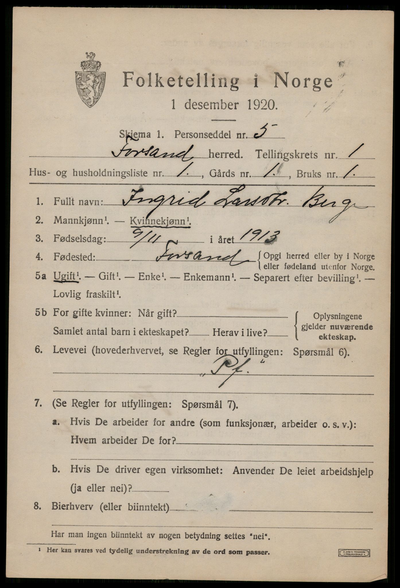 SAST, 1920 census for Forsand, 1920, p. 767