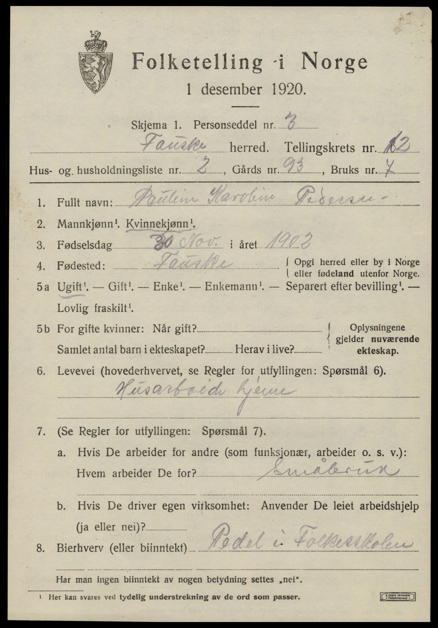 SAT, 1920 census for Fauske, 1920, p. 8184