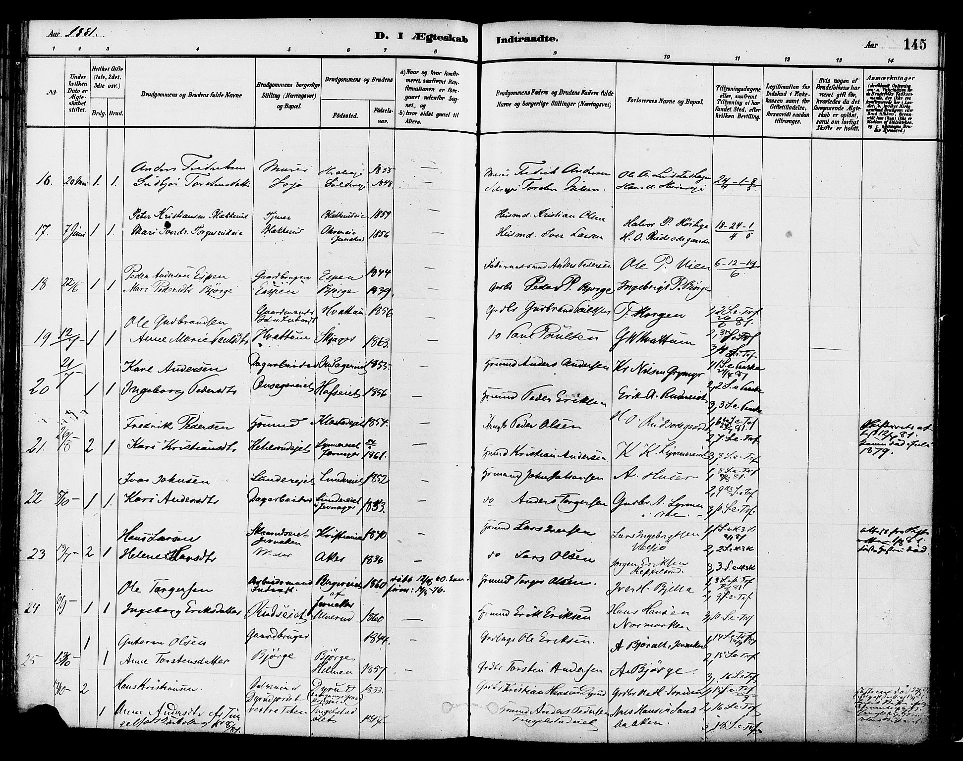Gran prestekontor, SAH/PREST-112/H/Ha/Haa/L0014: Parish register (official) no. 14, 1880-1889, p. 145