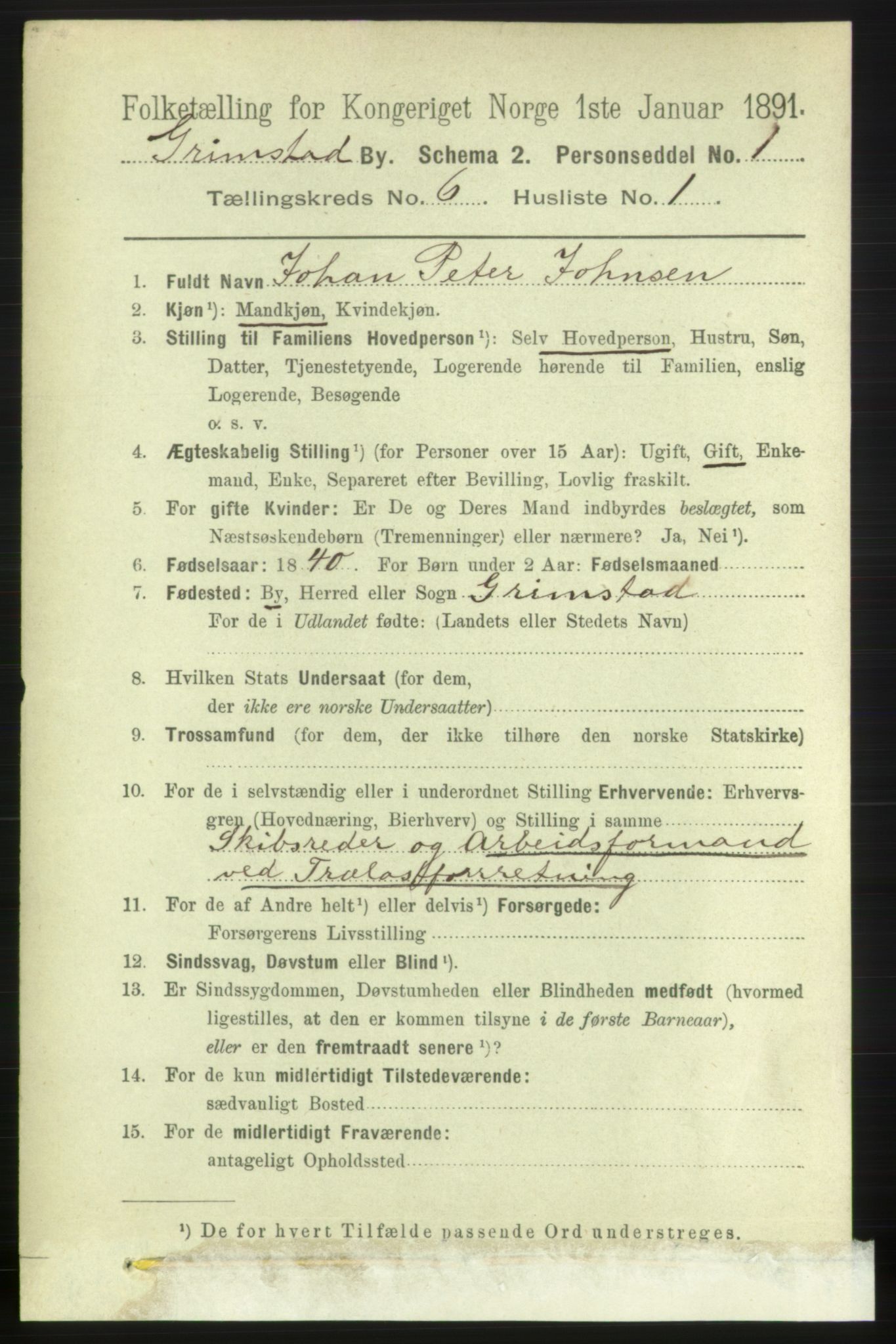 RA, 1891 census for 0904 Grimstad, 1891, p. 3606