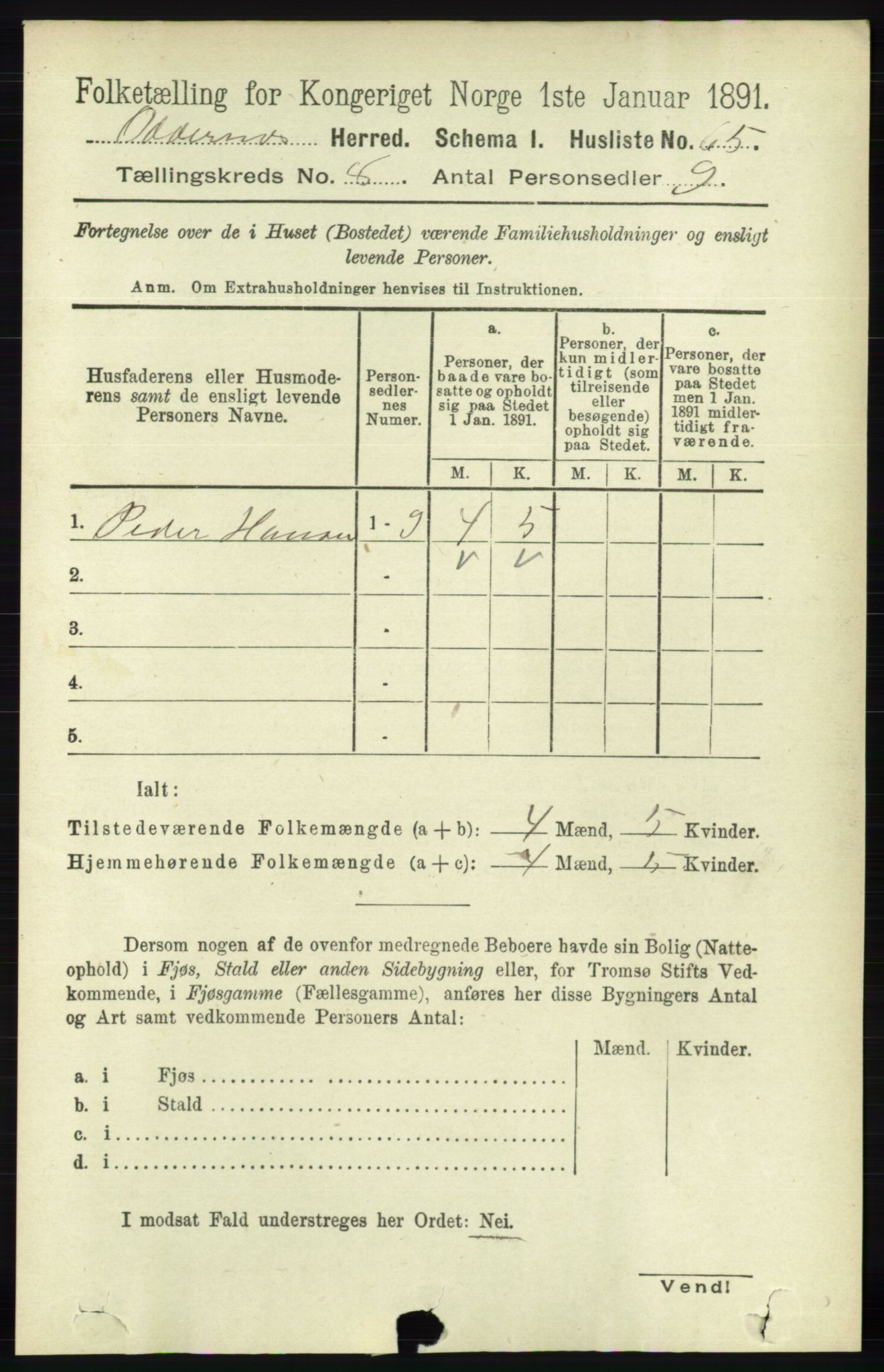 RA, 1891 census for 1012 Oddernes, 1891, p. 2697