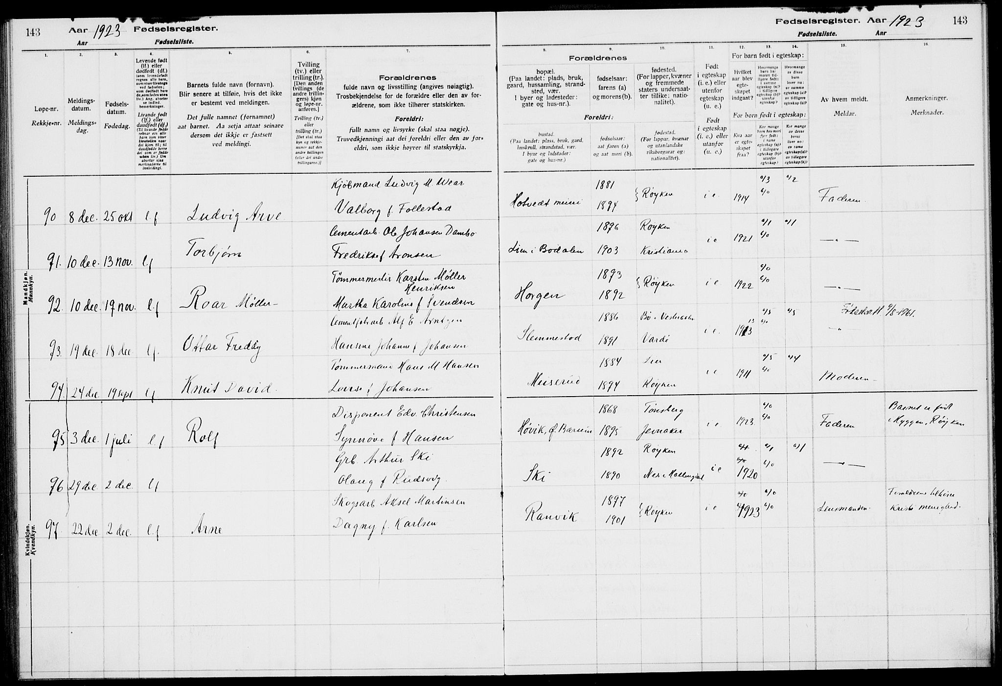 Røyken kirkebøker, AV/SAKO-A-241/J/Ja/L0001: Birth register no. 1, 1916-1927, p. 143
