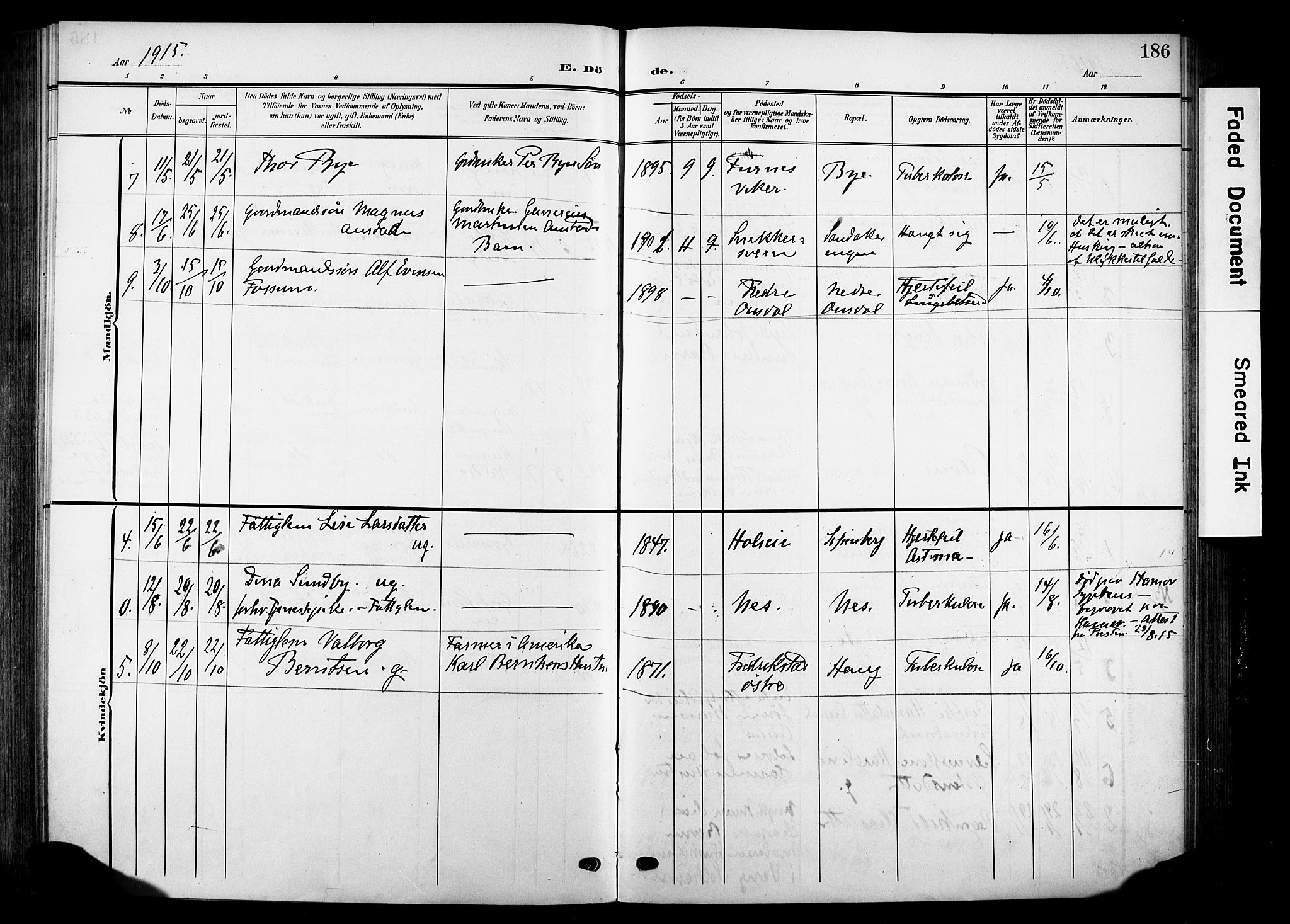 Nes prestekontor, Hedmark, SAH/PREST-020/K/Ka/L0014: Parish register (official) no. 14, 1906-1929, p. 186